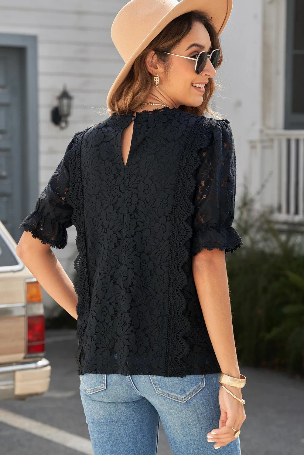 Hazel Blues® | Lace V-Neck Flounce Sleeve Top