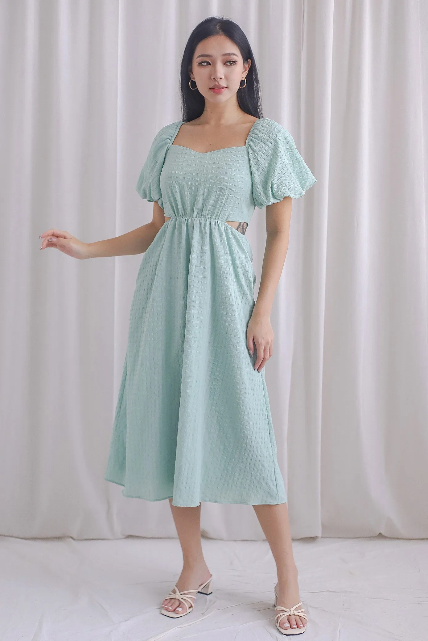 Hebe Puffy Sleeve Side Cut Out Dress In Seafoam