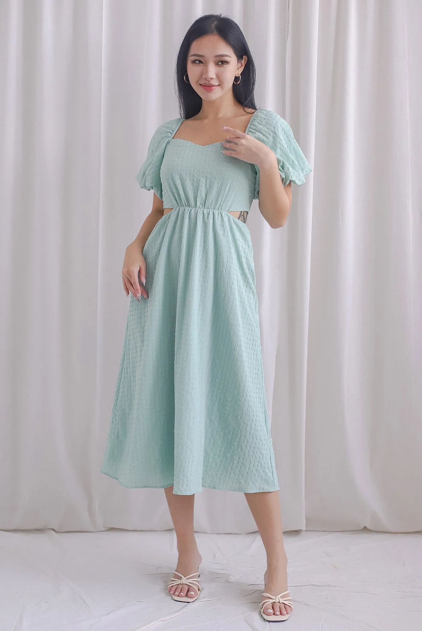 Hebe Puffy Sleeve Side Cut Out Dress In Seafoam