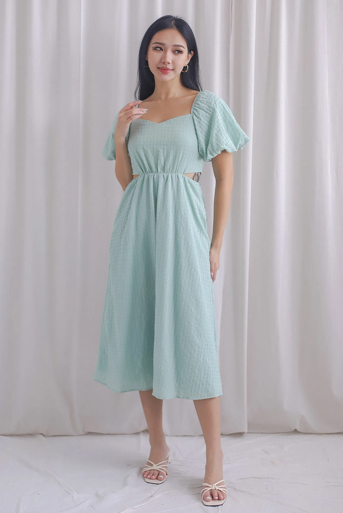 Hebe Puffy Sleeve Side Cut Out Dress In Seafoam