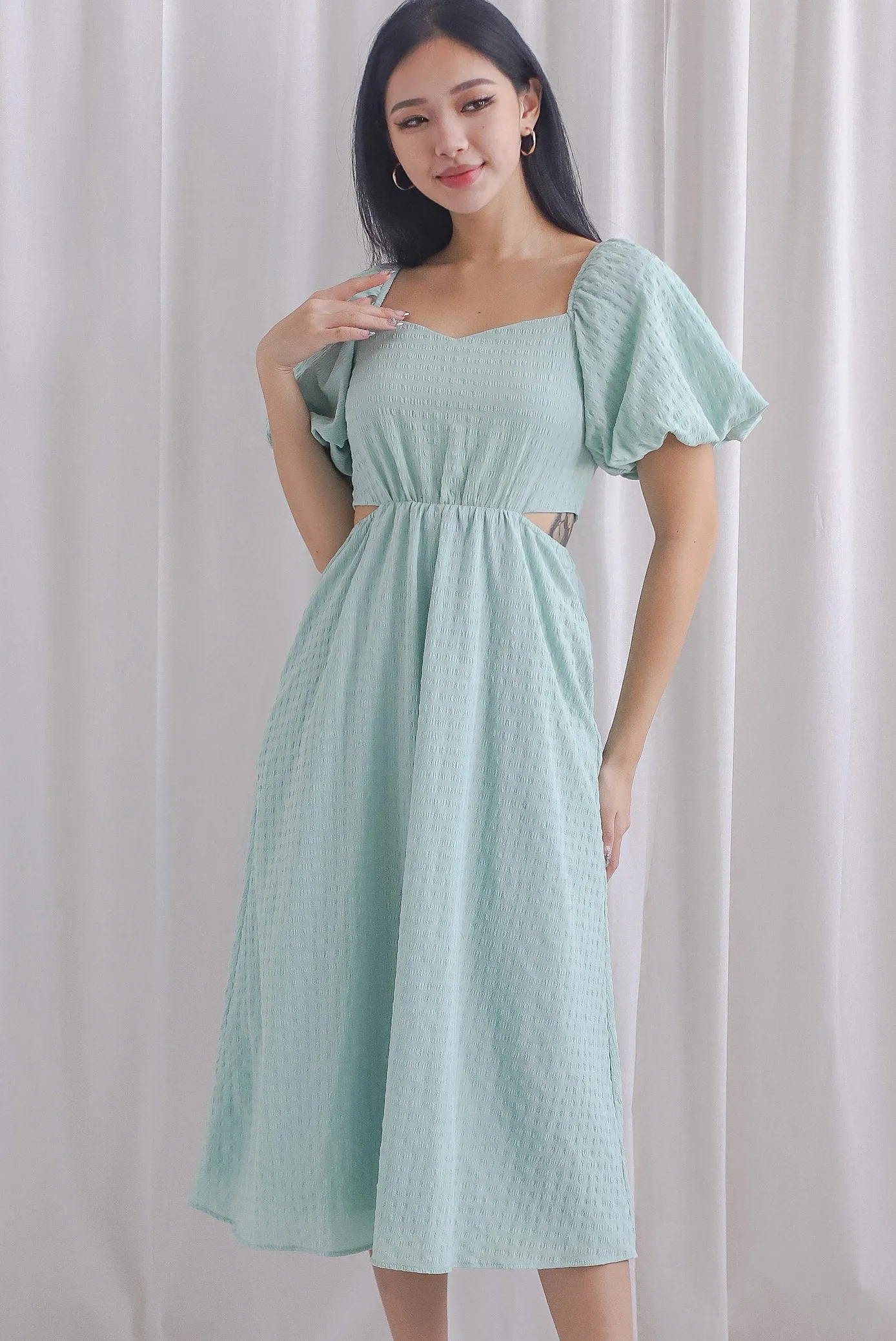 Hebe Puffy Sleeve Side Cut Out Dress In Seafoam