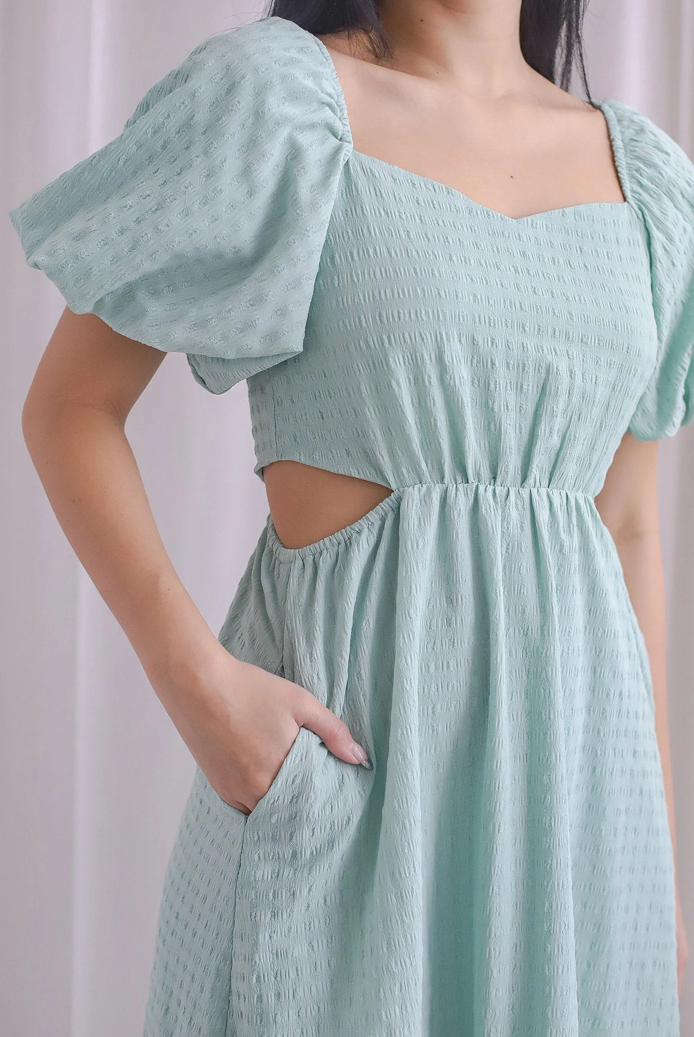 Hebe Puffy Sleeve Side Cut Out Dress In Seafoam
