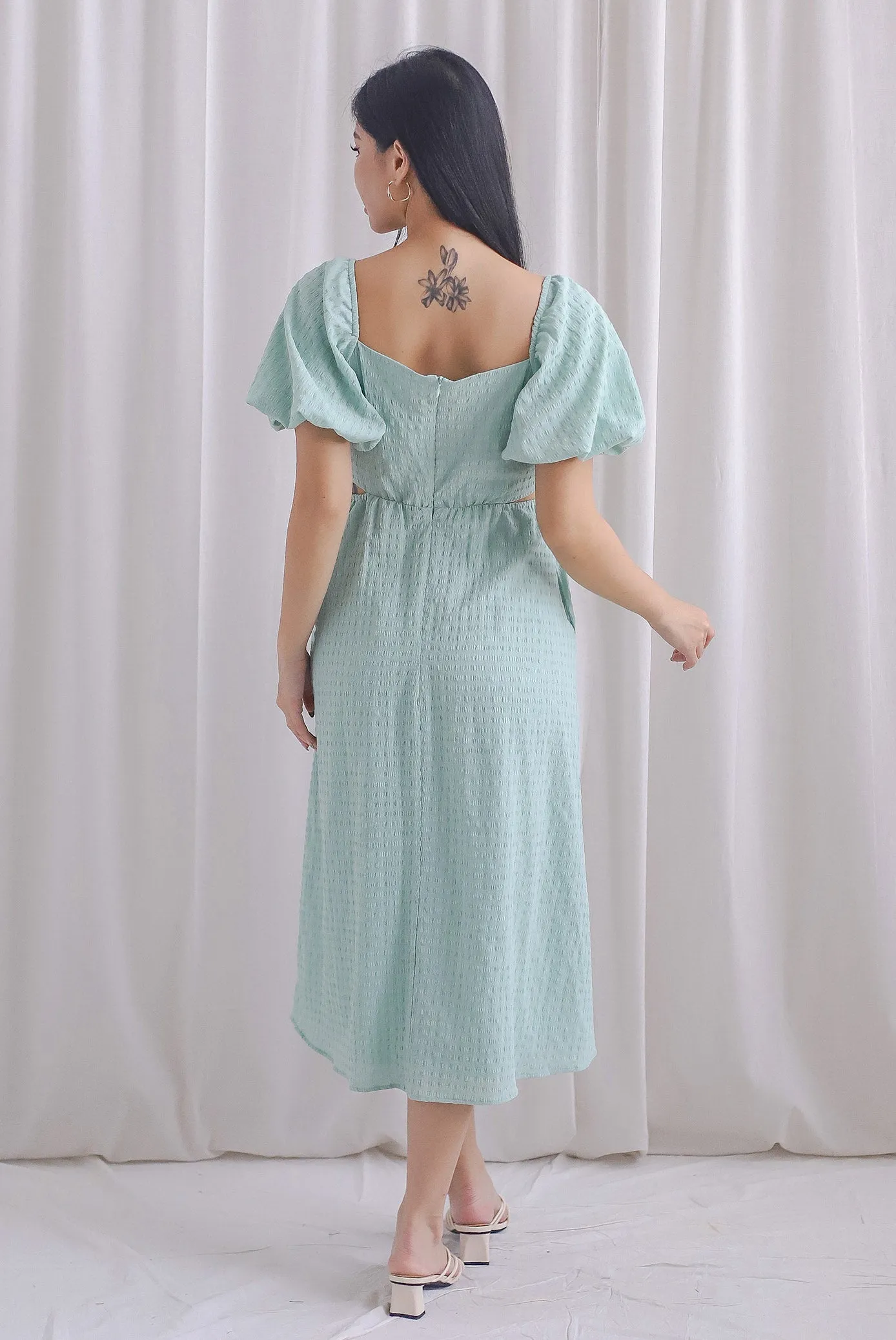 Hebe Puffy Sleeve Side Cut Out Dress In Seafoam