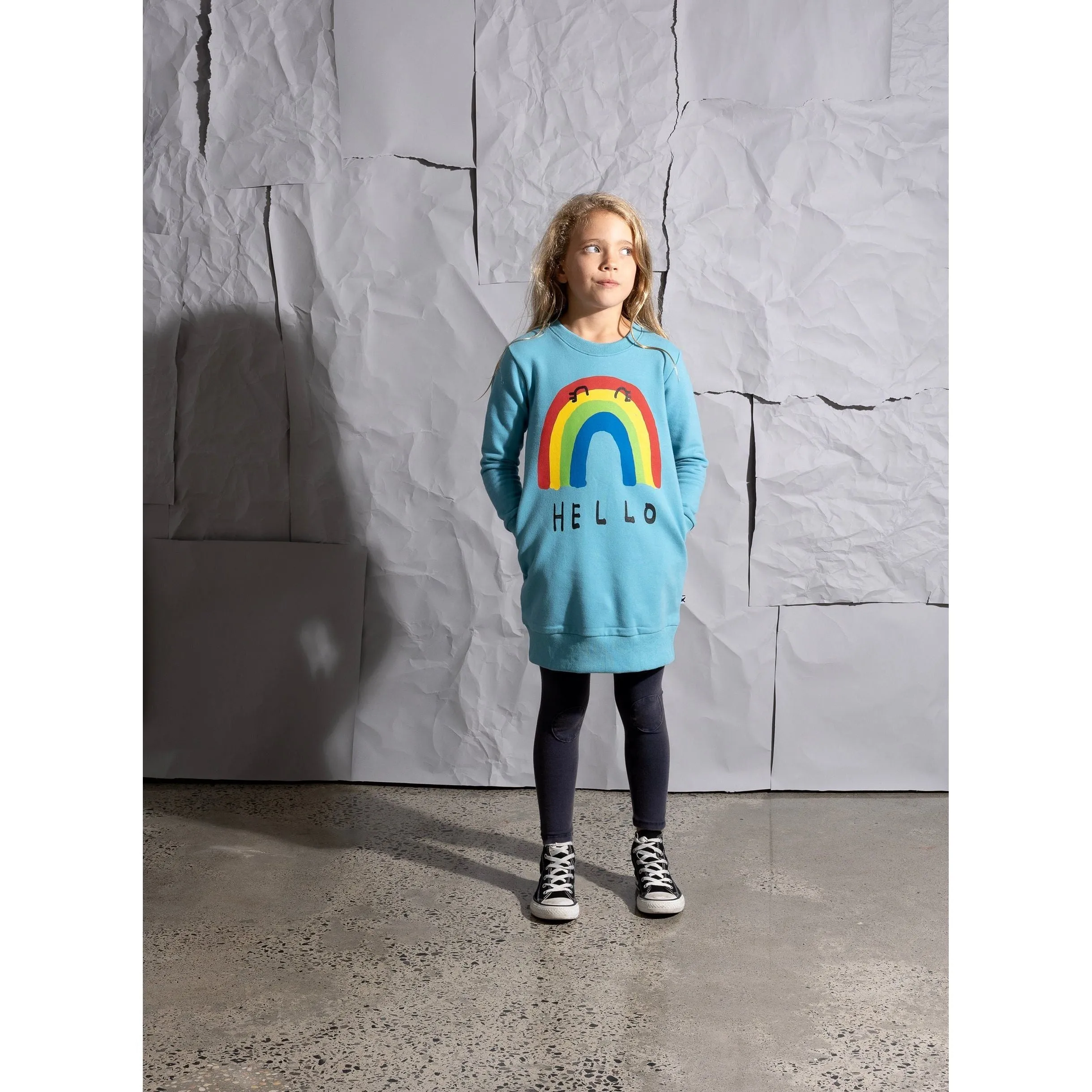 Hello Bye Rainbow Furry Dress -Aqua