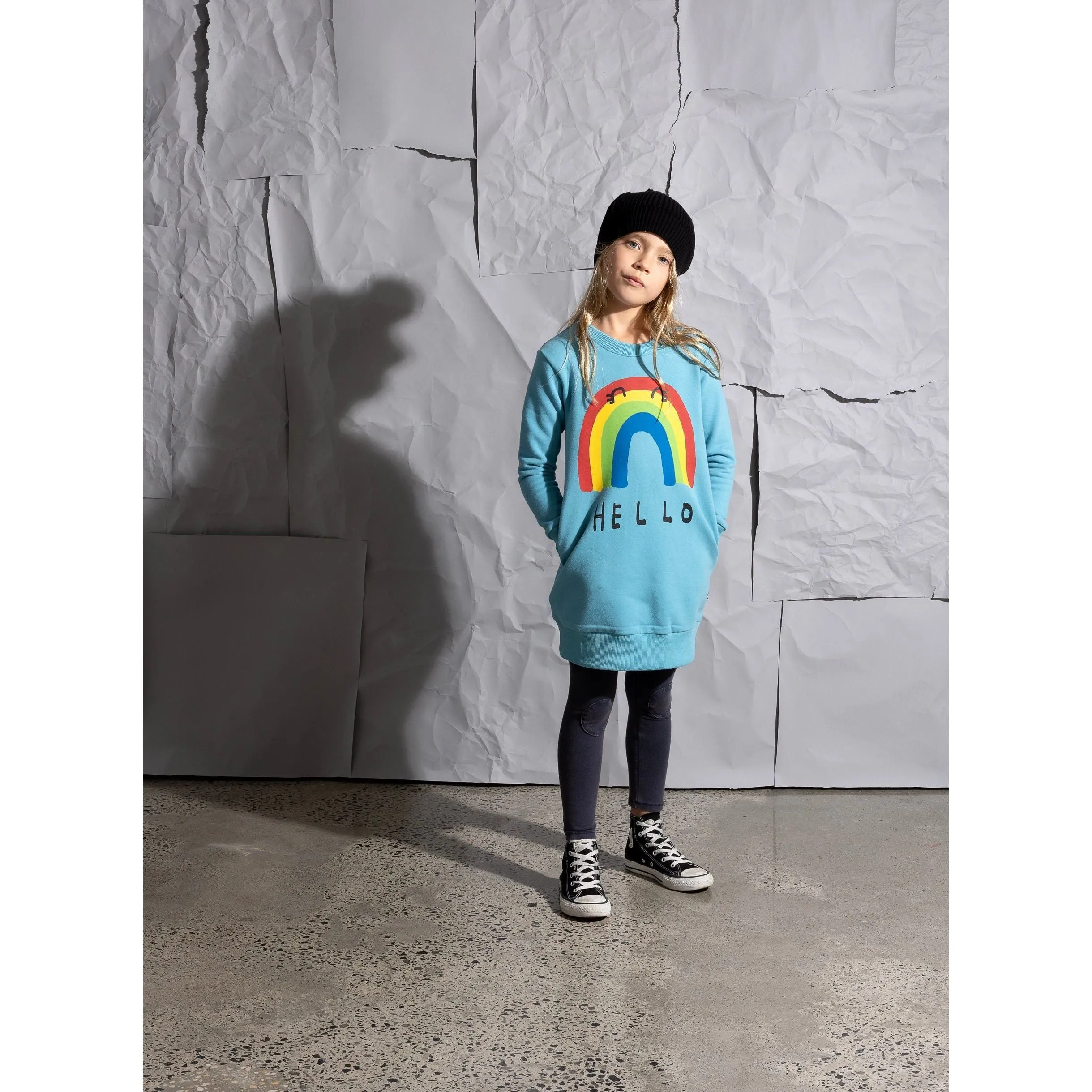 Hello Bye Rainbow Furry Dress -Aqua
