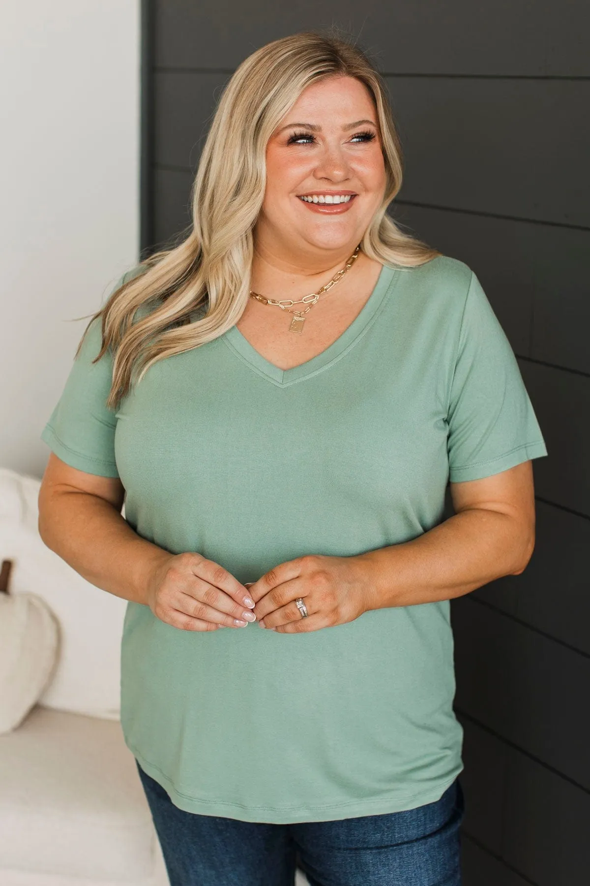 Hello Lovely V-Neck Top- Sage