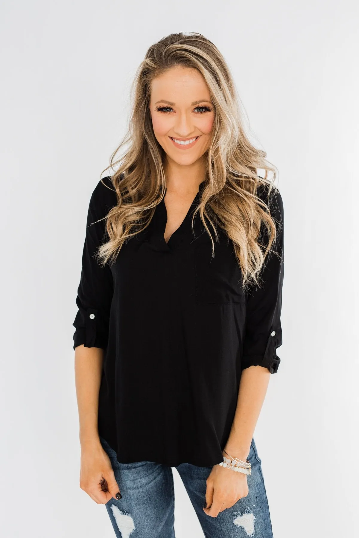 In My Sight V-Neck Pocket Top- Black