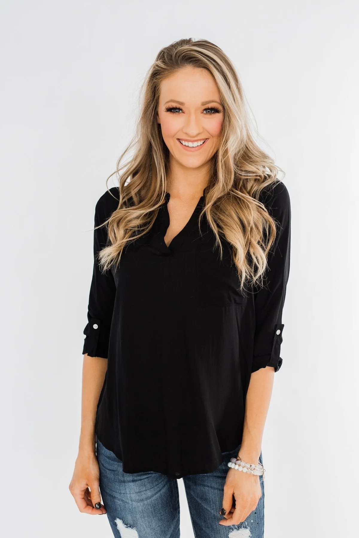 In My Sight V-Neck Pocket Top- Black