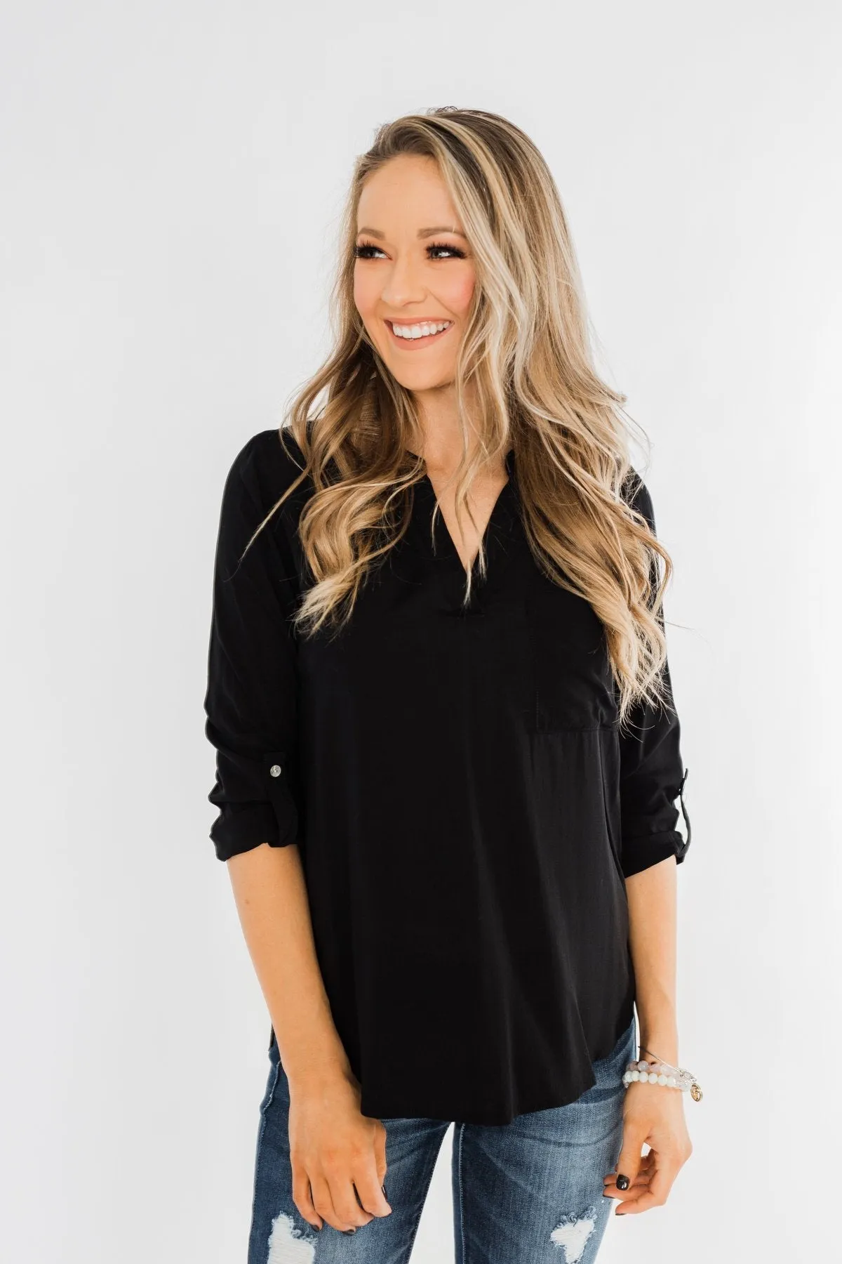 In My Sight V-Neck Pocket Top- Black