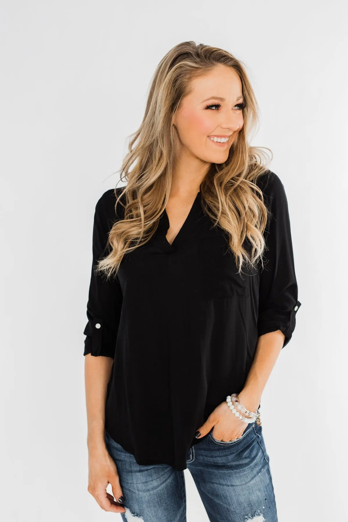 In My Sight V-Neck Pocket Top- Black