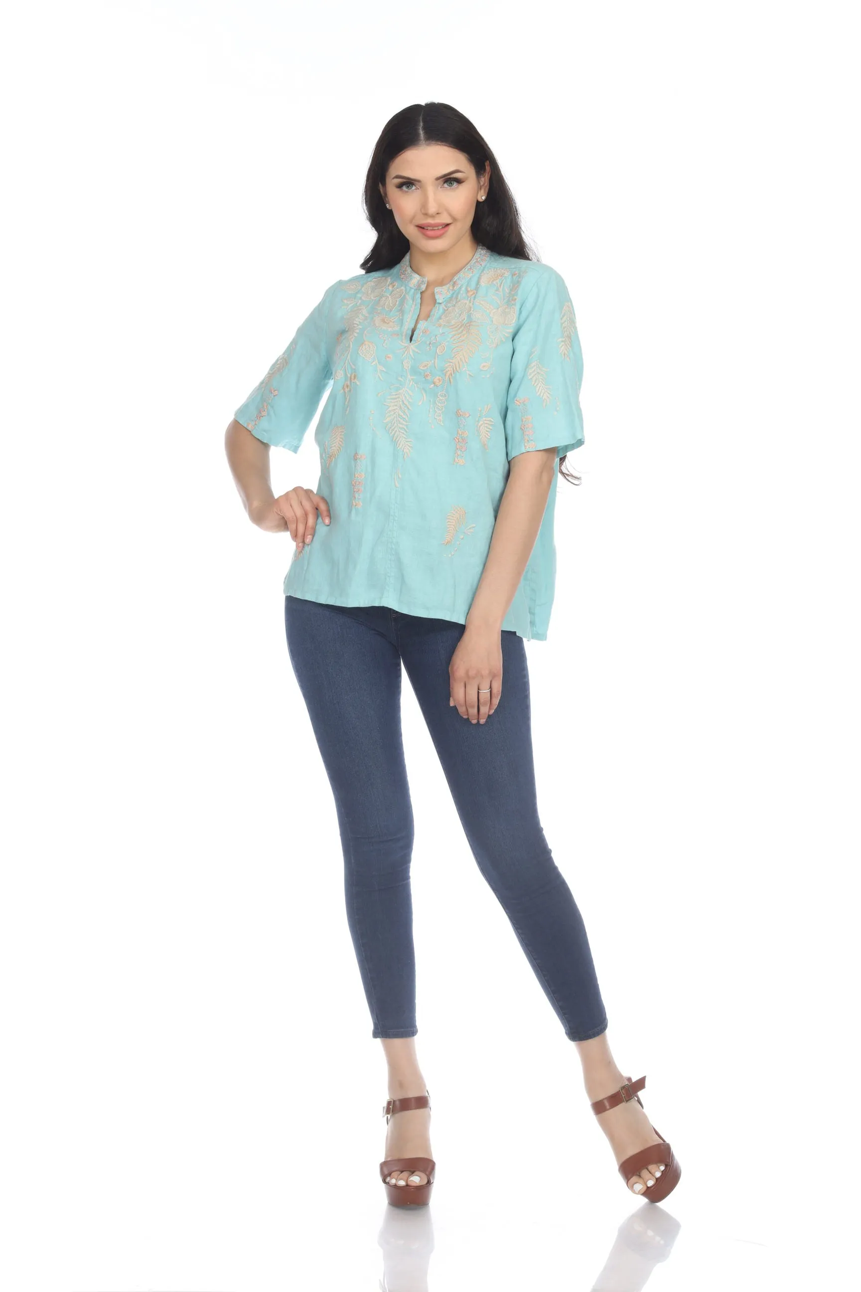 Johnny Was JWLA Sidra Easy Linen V-Neck Top Boho Chic J12121