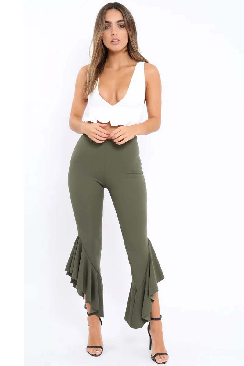 Khaki Frill Hem Trousers - Ashlie