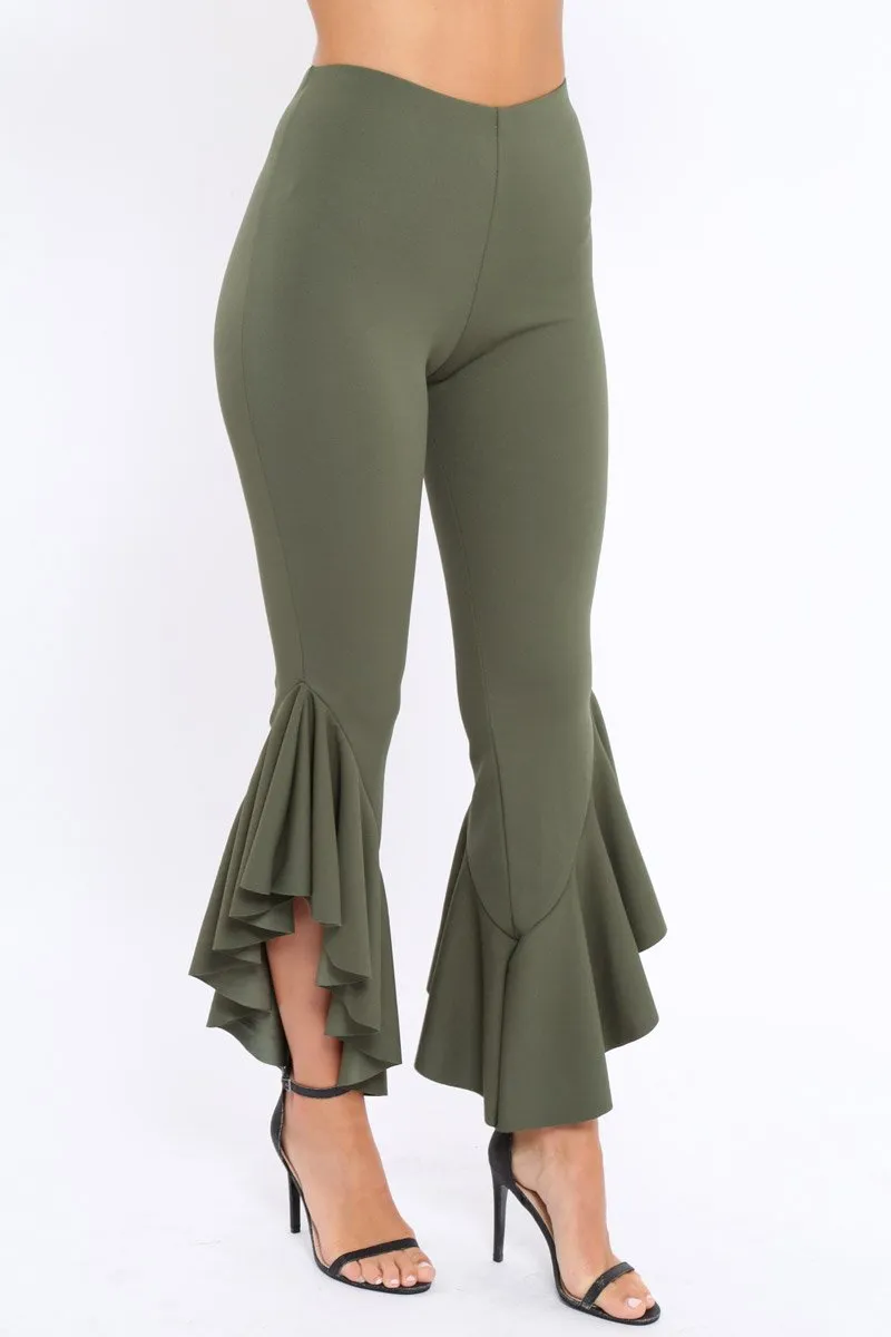 Khaki Frill Hem Trousers - Ashlie