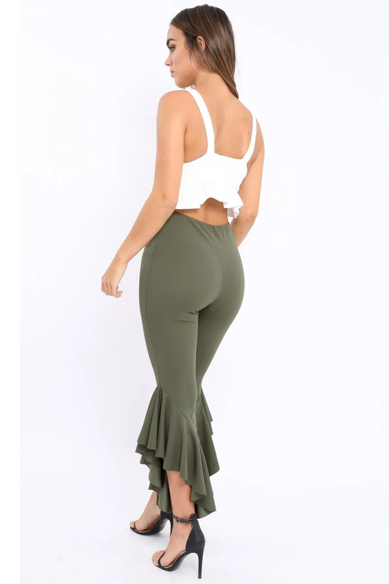 Khaki Frill Hem Trousers - Ashlie