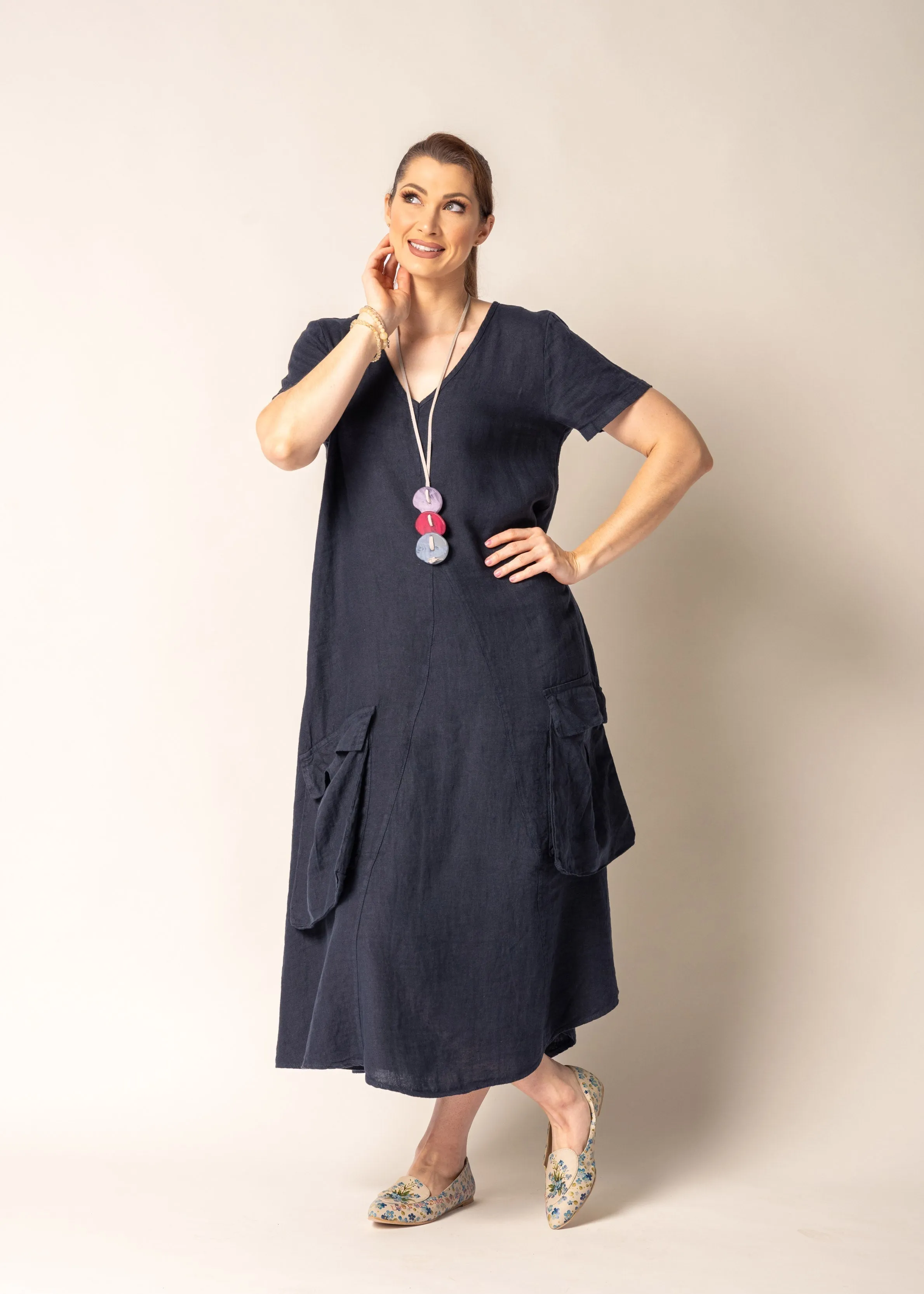 Lada Linen Dress in Navy