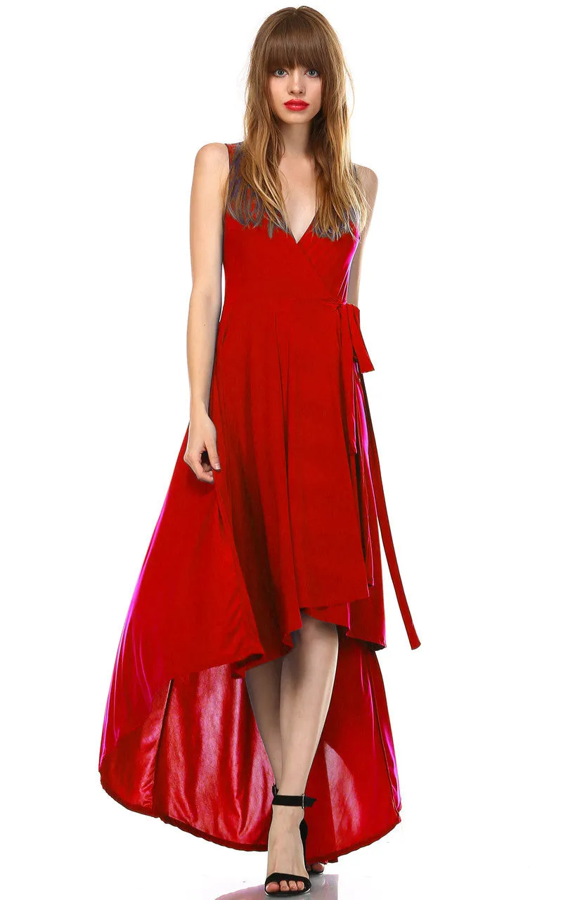 Lycra Sleeveless V-Neck Plunge Belt Hi Low Wrap Dress Red