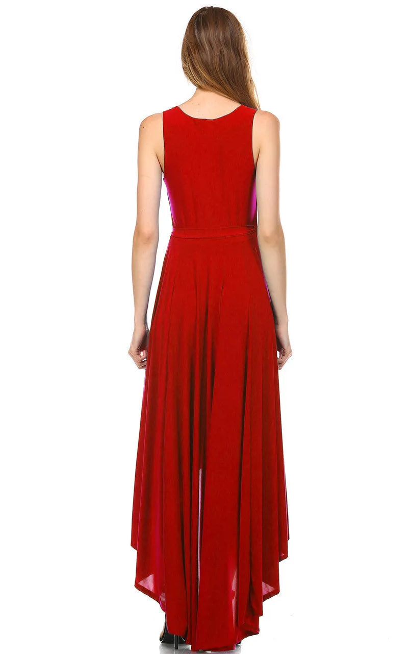 Lycra Sleeveless V-Neck Plunge Belt Hi Low Wrap Dress Red