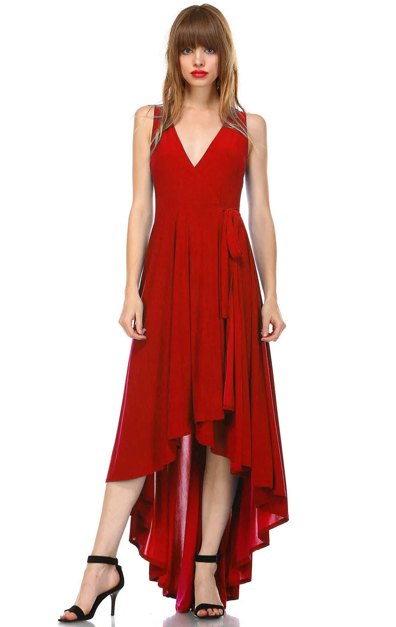 Lycra Sleeveless V-Neck Plunge Belt Hi Low Wrap Dress Red