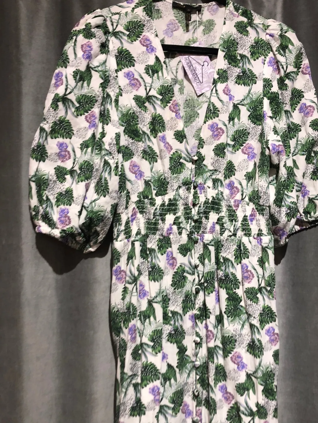 MAJE White Short Sleeve V Neck Button Dress with Green Leaf and Purple Maxi Dress
