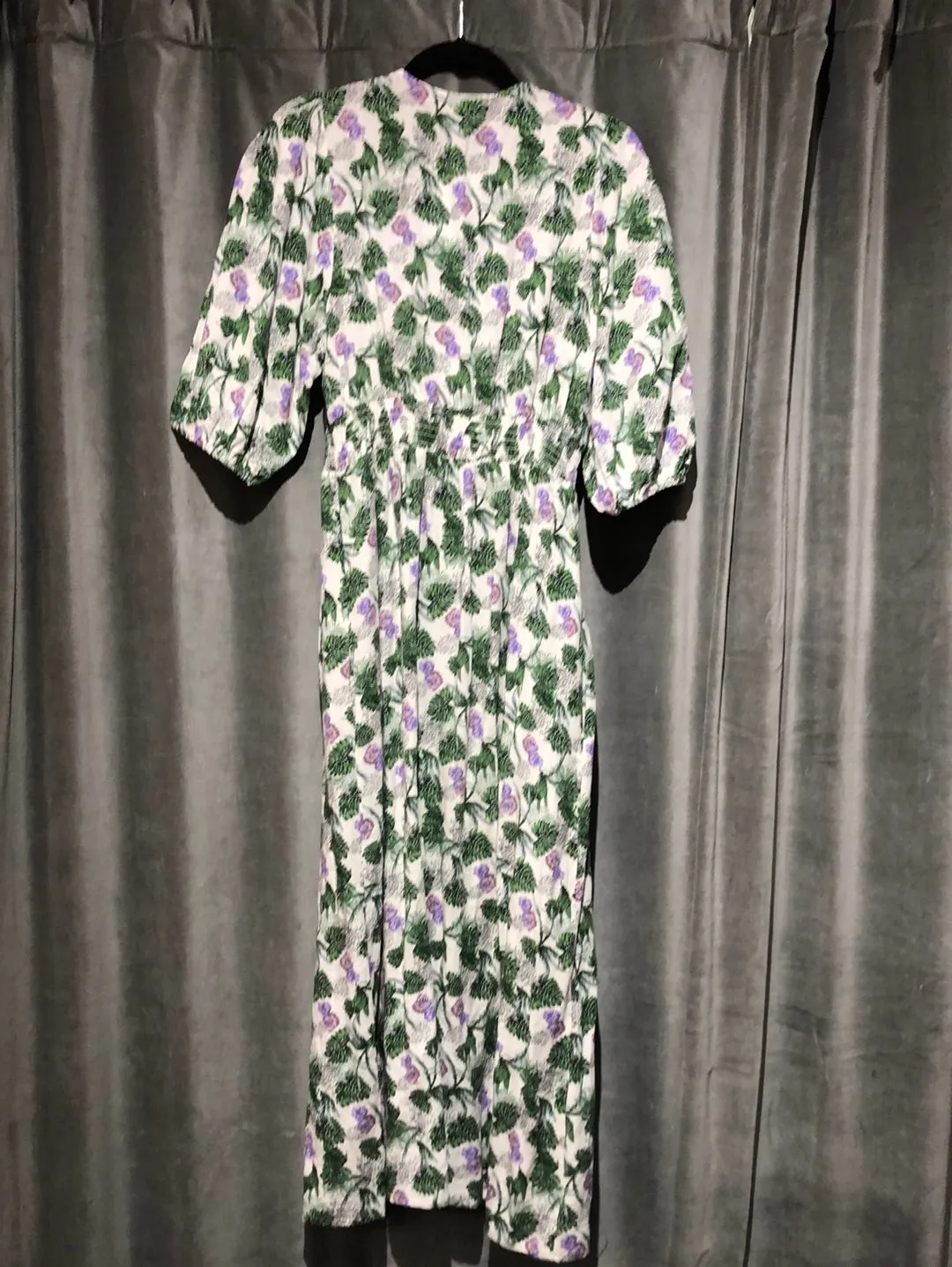 MAJE White Short Sleeve V Neck Button Dress with Green Leaf and Purple Maxi Dress