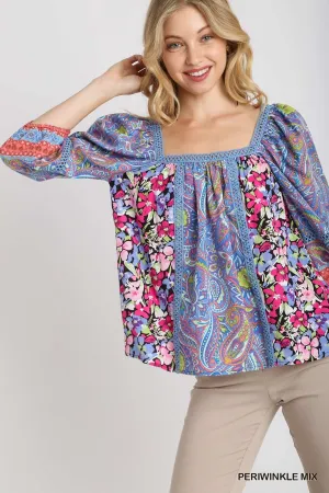 Margot Square Neck Mixed Print Top In Periwinkle Mix