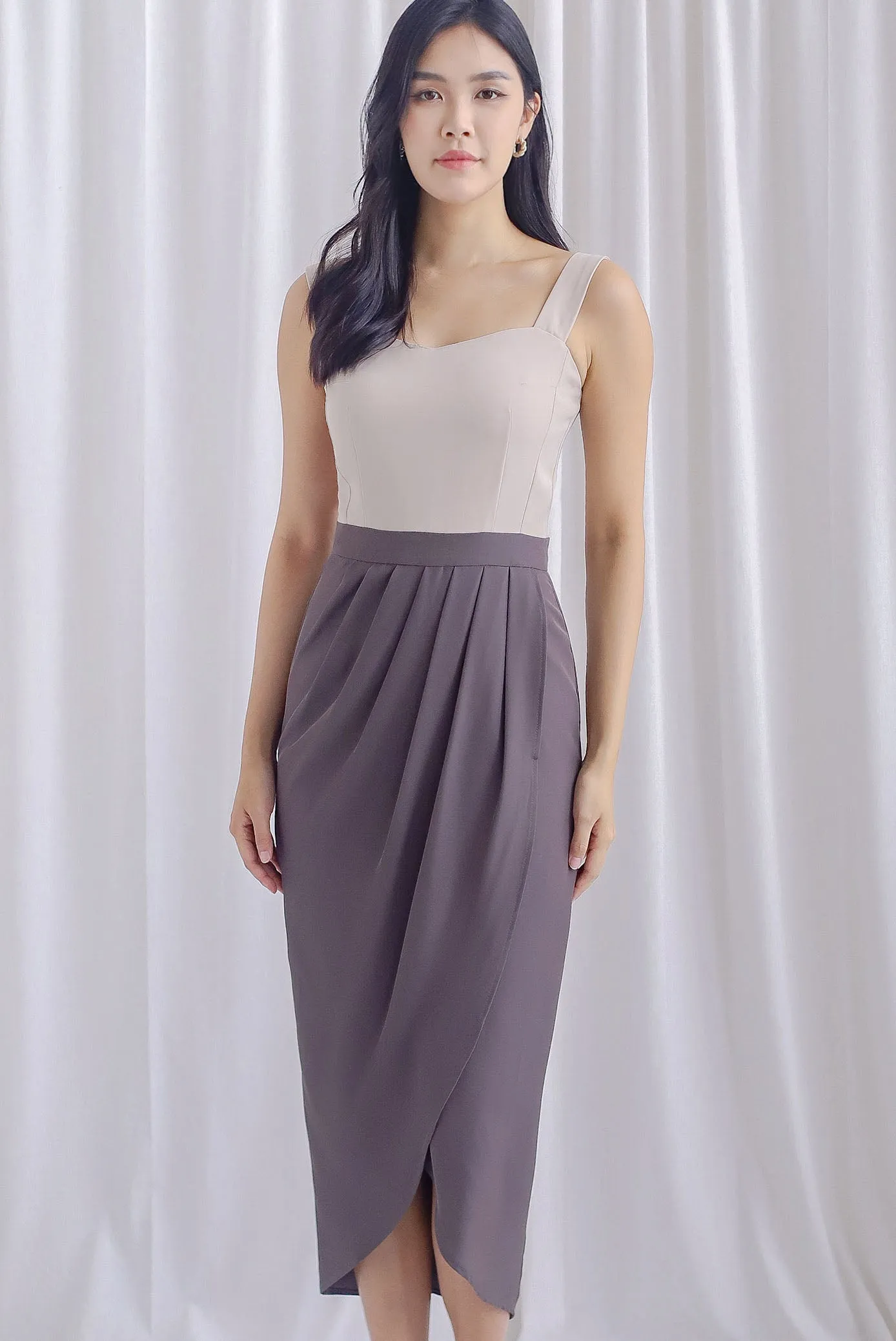 Mikaela Tulip Colourblock Work Dress In Mauve Grey/Cream
