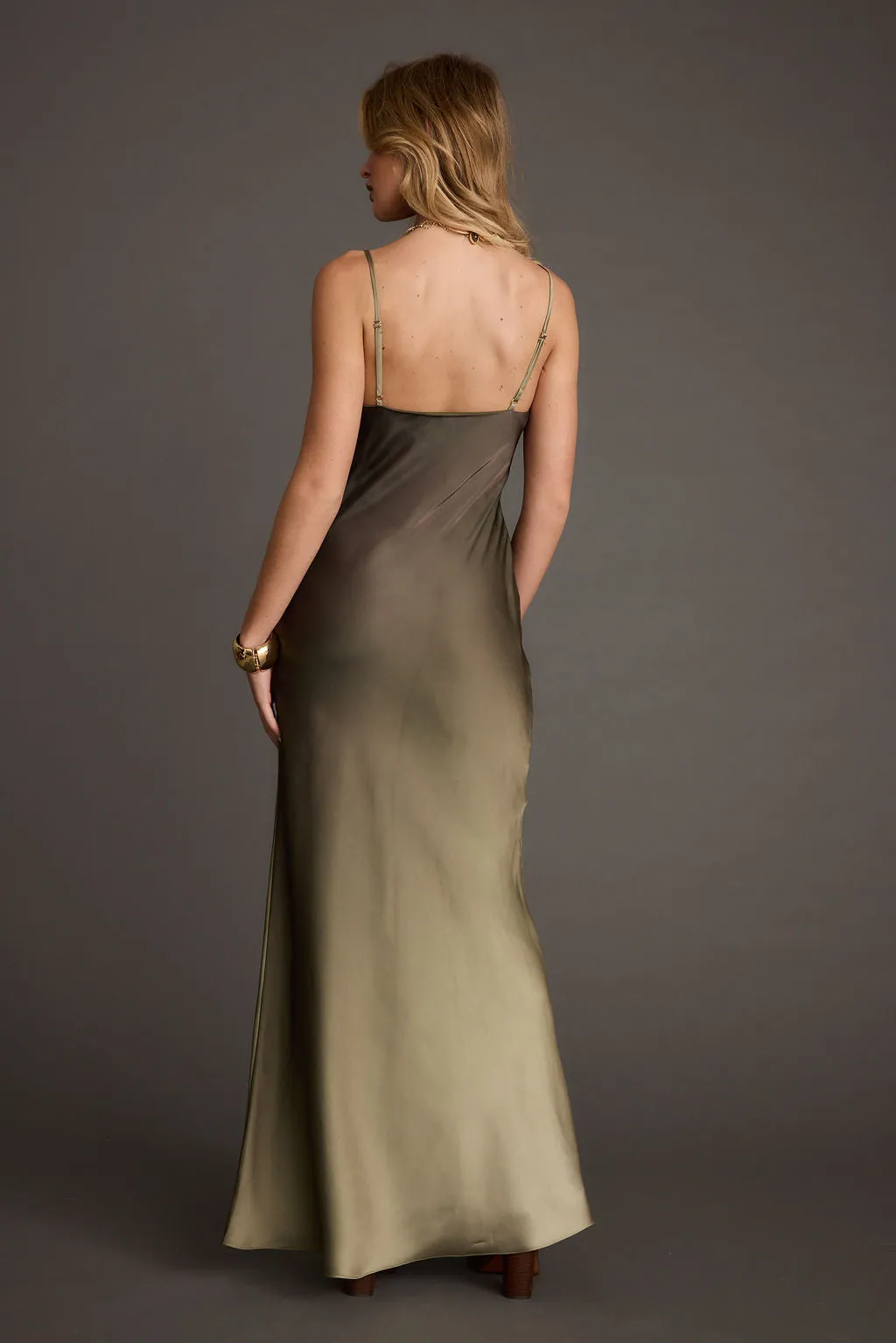 Mirabella Olive Satin Ombre Maxi Dress