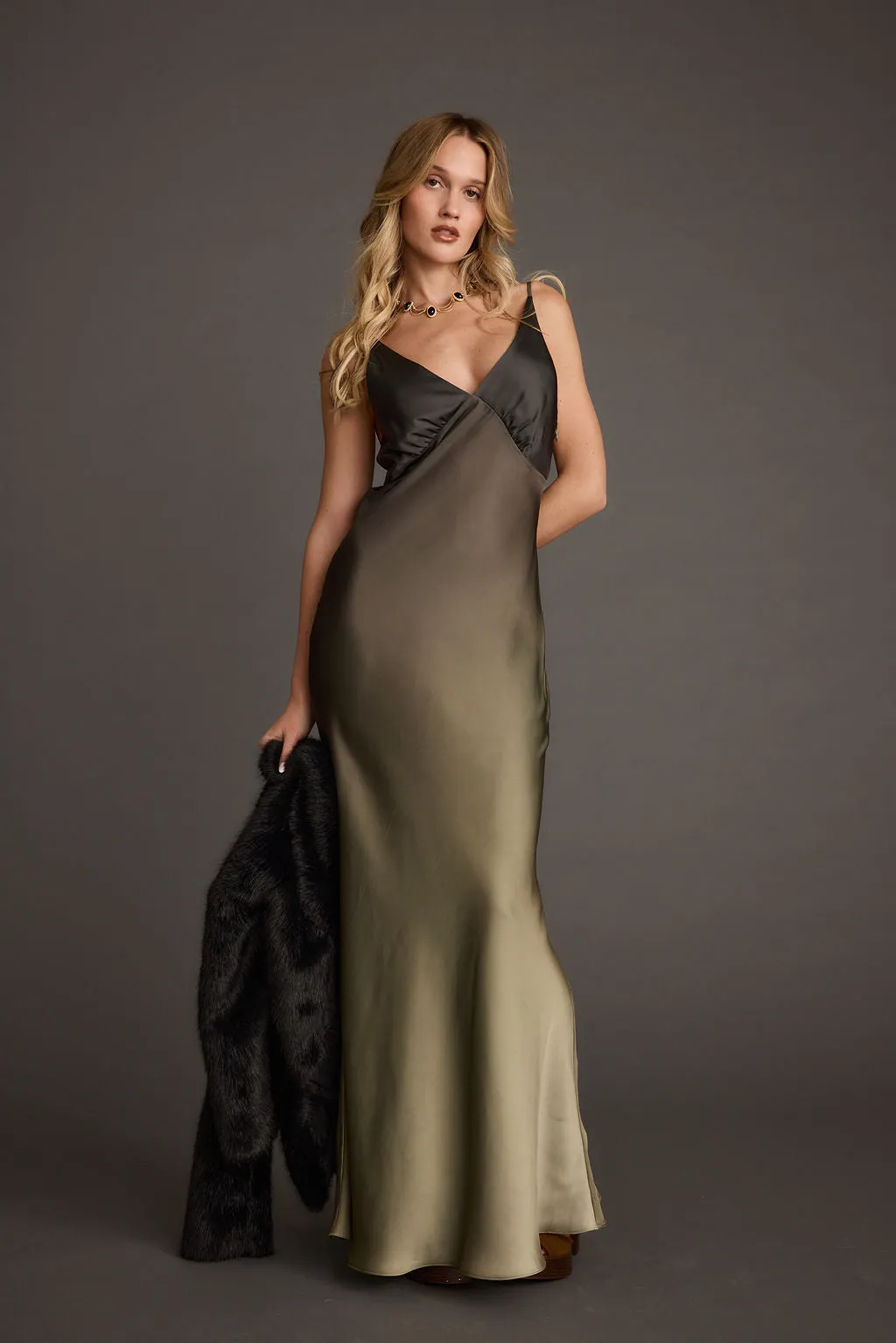 Mirabella Olive Satin Ombre Maxi Dress