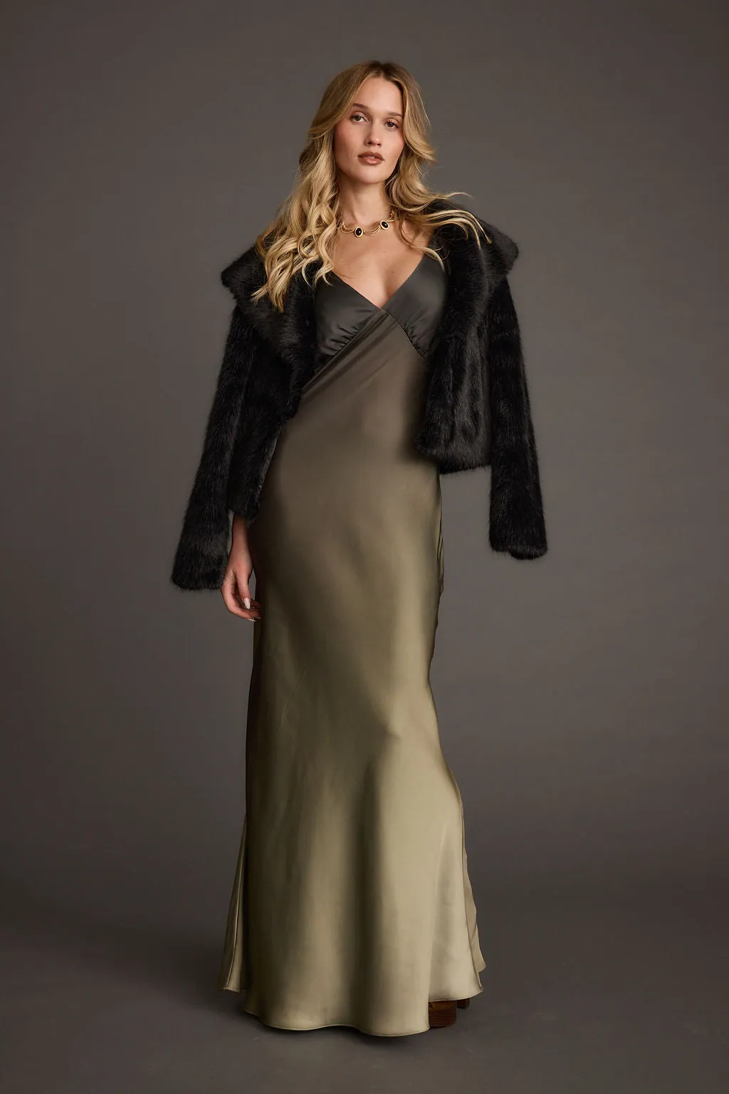 Mirabella Olive Satin Ombre Maxi Dress