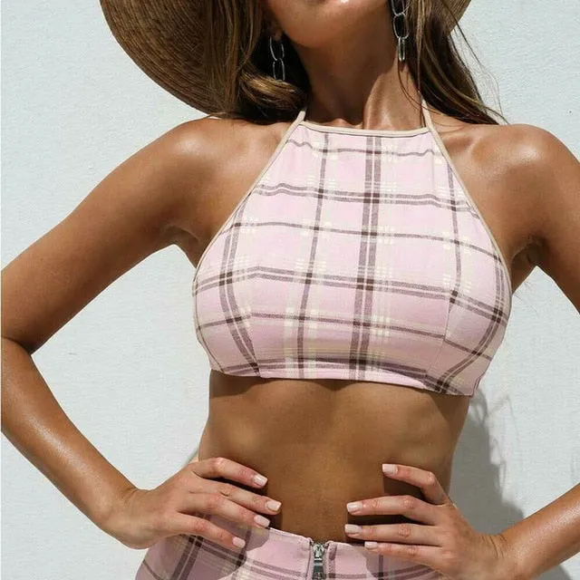 'Miss Popular' Plaid Halter Top Set