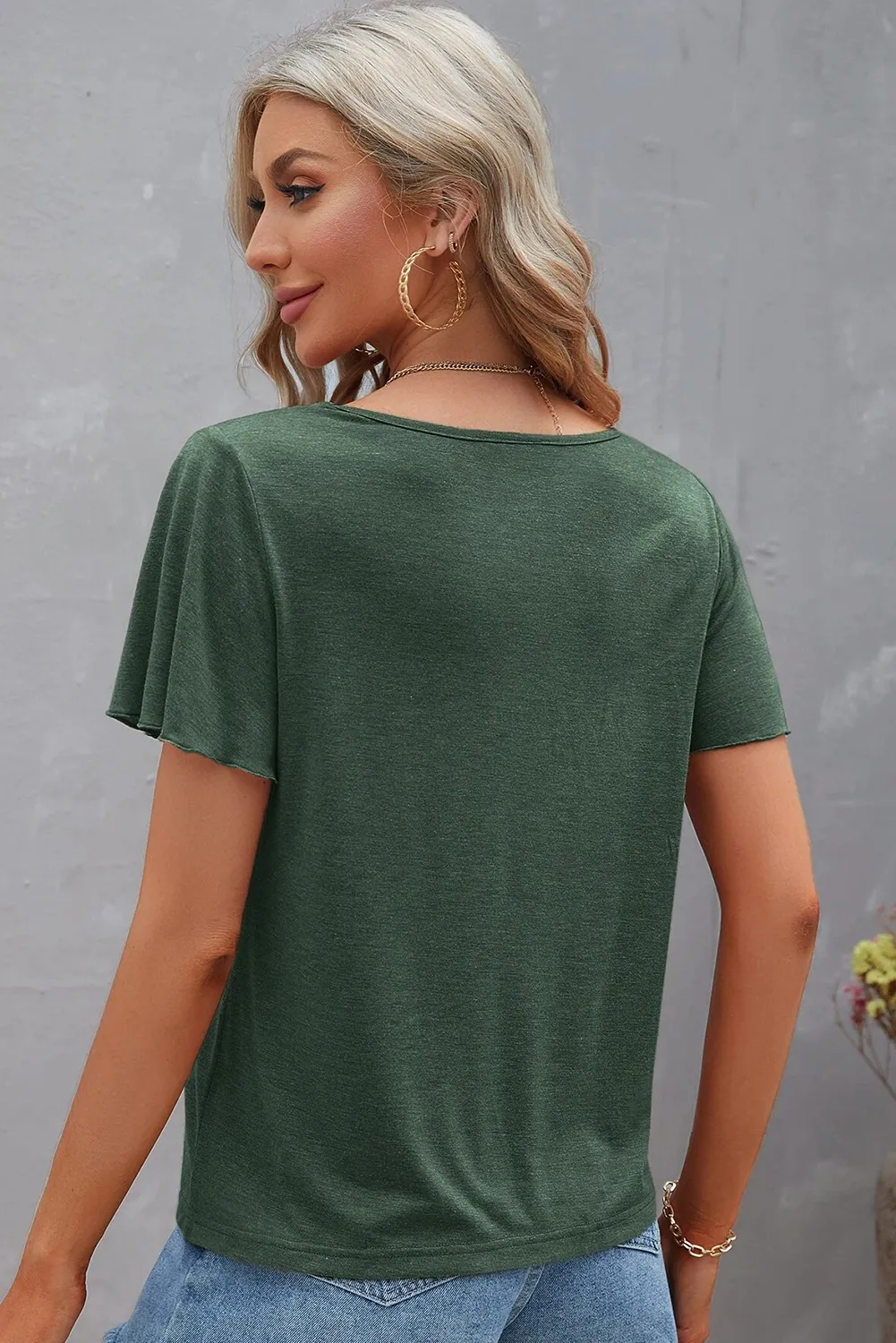 Mist Green Crisscross V Neck Butterfly Sleeve T Shirt