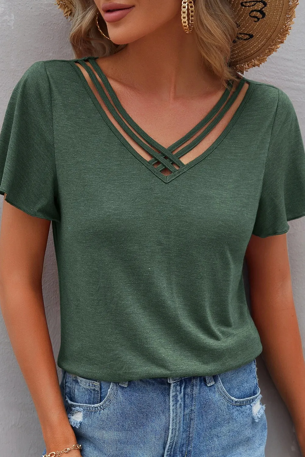 Mist Green Crisscross V Neck Butterfly Sleeve T Shirt