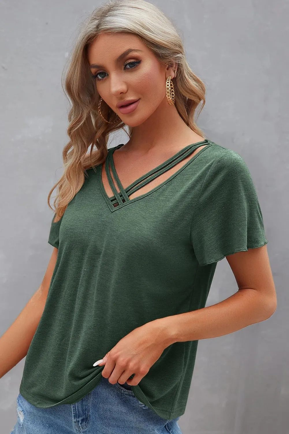 Mist Green Crisscross V Neck Butterfly Sleeve T Shirt