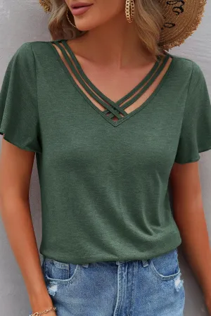 Mist Green Crisscross V Neck Butterfly Sleeve T Shirt