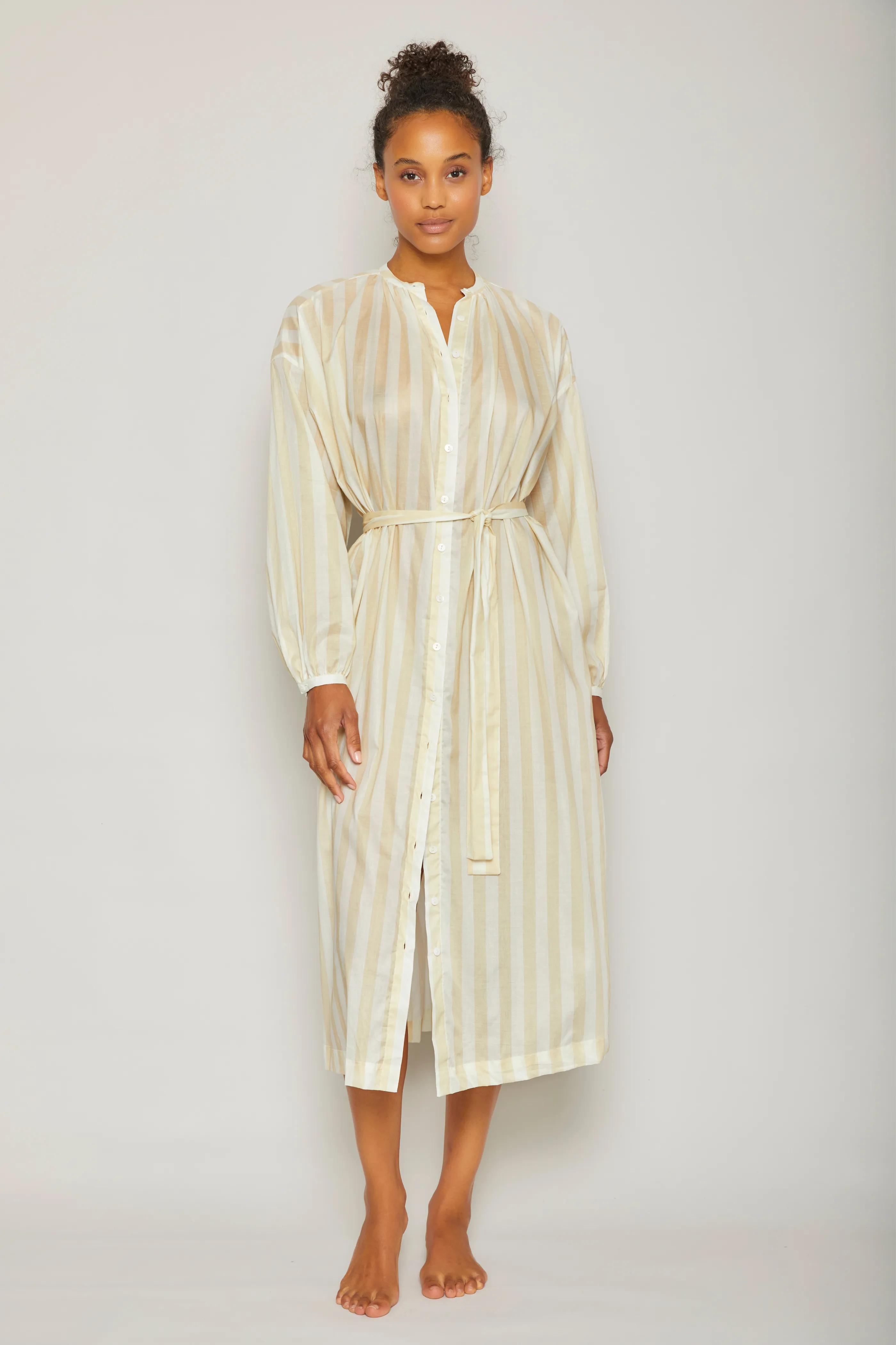 Mona Button Front Dress - Striped Sand and Cream