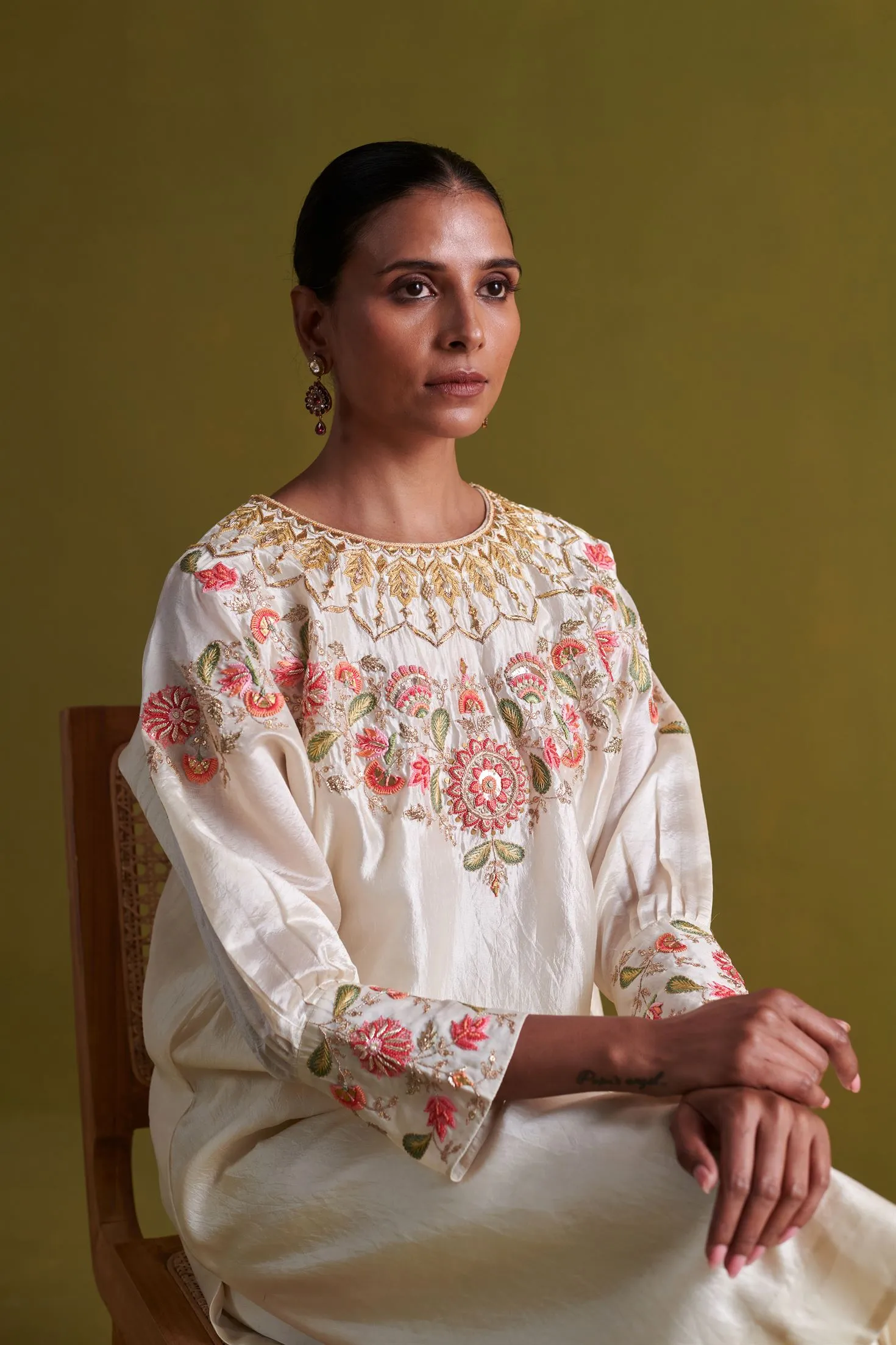 New Season Festive 2024-Coord Set-Kora Silk Kurti/Bamberg Satin 2pcs Ivory-AS113-Fashion Wedding Edit Aarti Sethia
