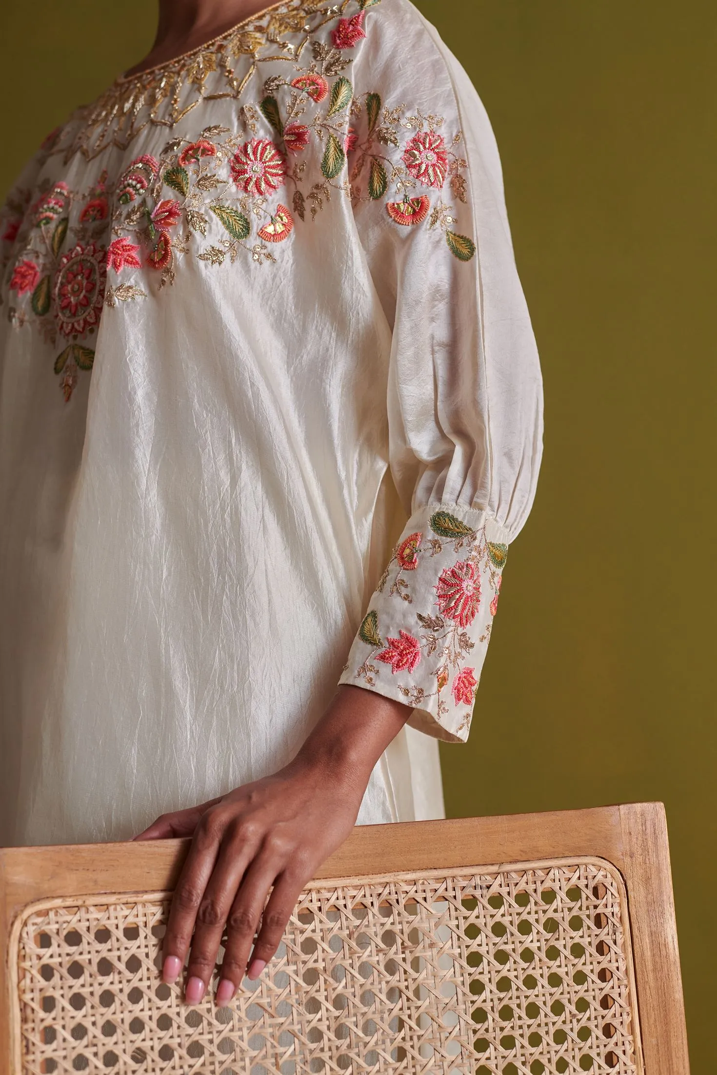 New Season Festive 2024-Coord Set-Kora Silk Kurti/Bamberg Satin 2pcs Ivory-AS113-Fashion Wedding Edit Aarti Sethia