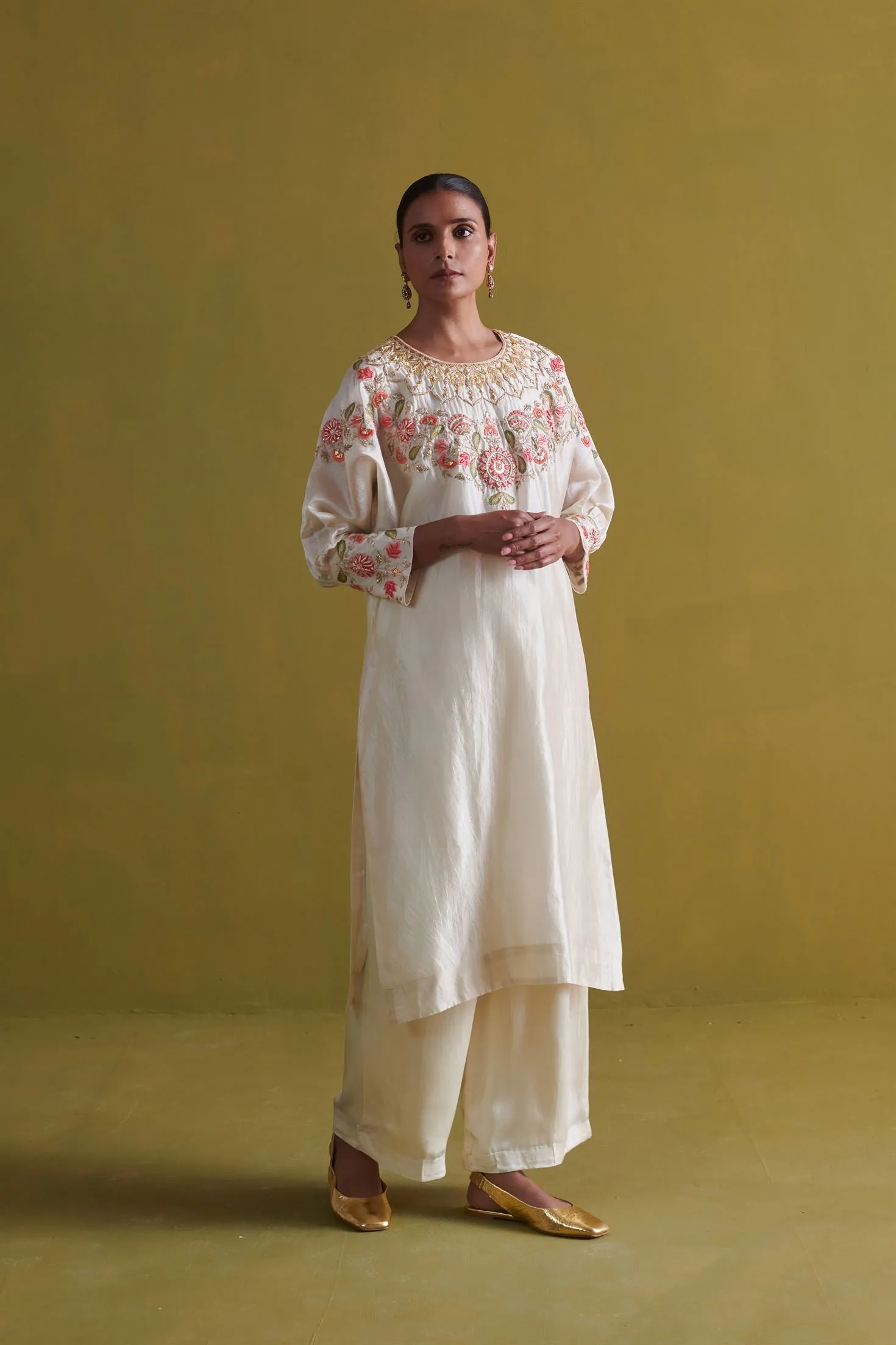 New Season Festive 2024-Coord Set-Kora Silk Kurti/Bamberg Satin 2pcs Ivory-AS113-Fashion Wedding Edit Aarti Sethia