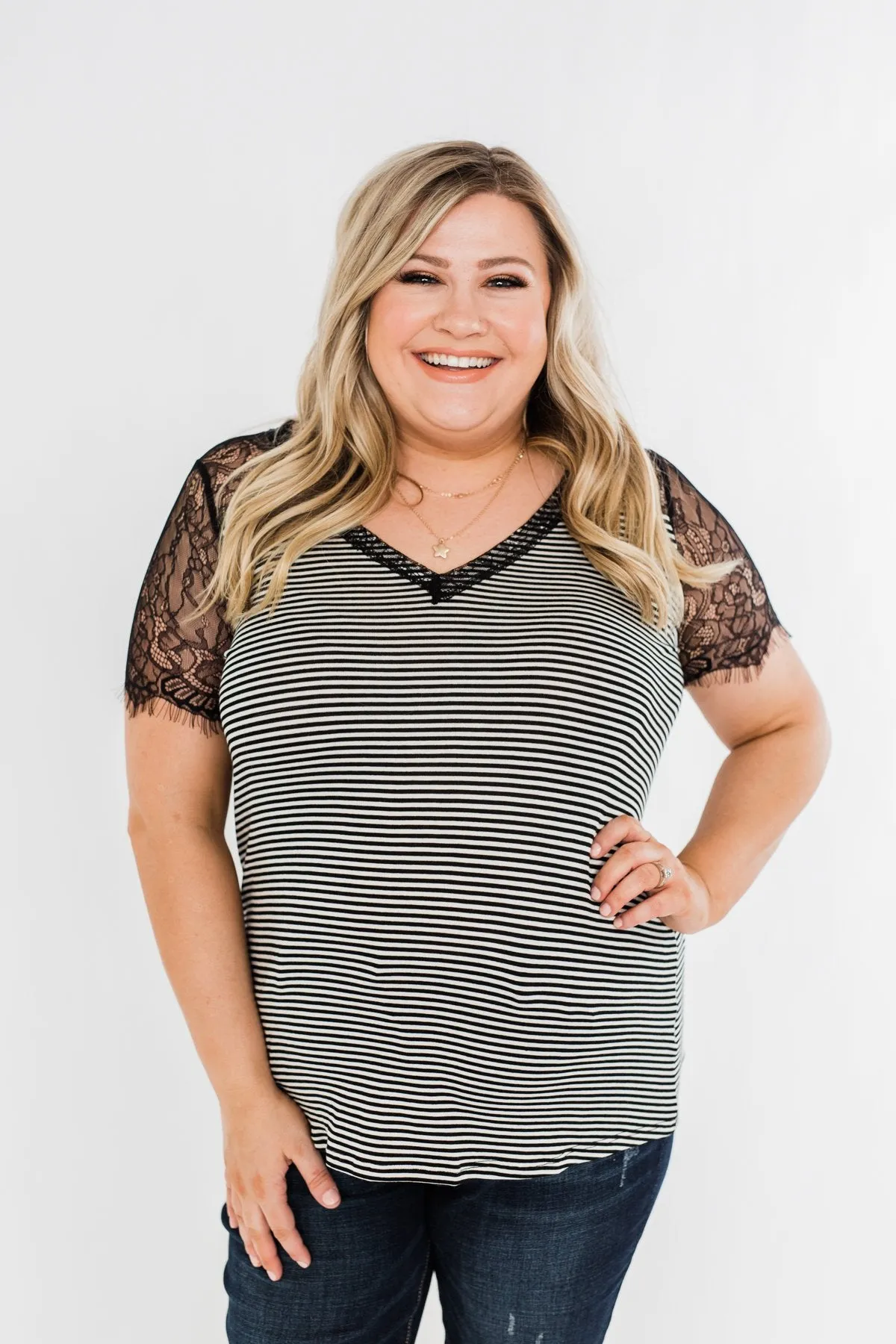 No Reason To Wait Striped Lace Top- Black
