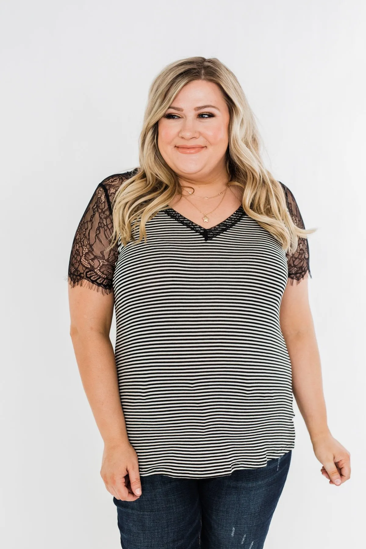 No Reason To Wait Striped Lace Top- Black