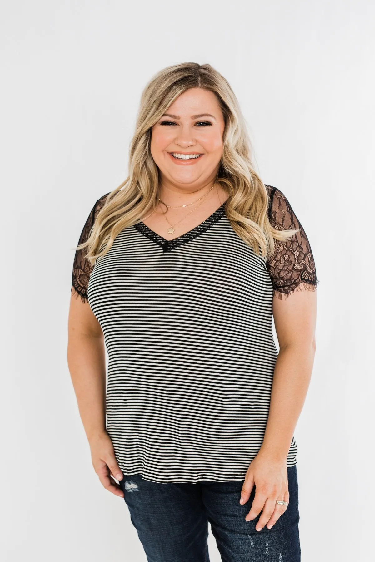 No Reason To Wait Striped Lace Top- Black