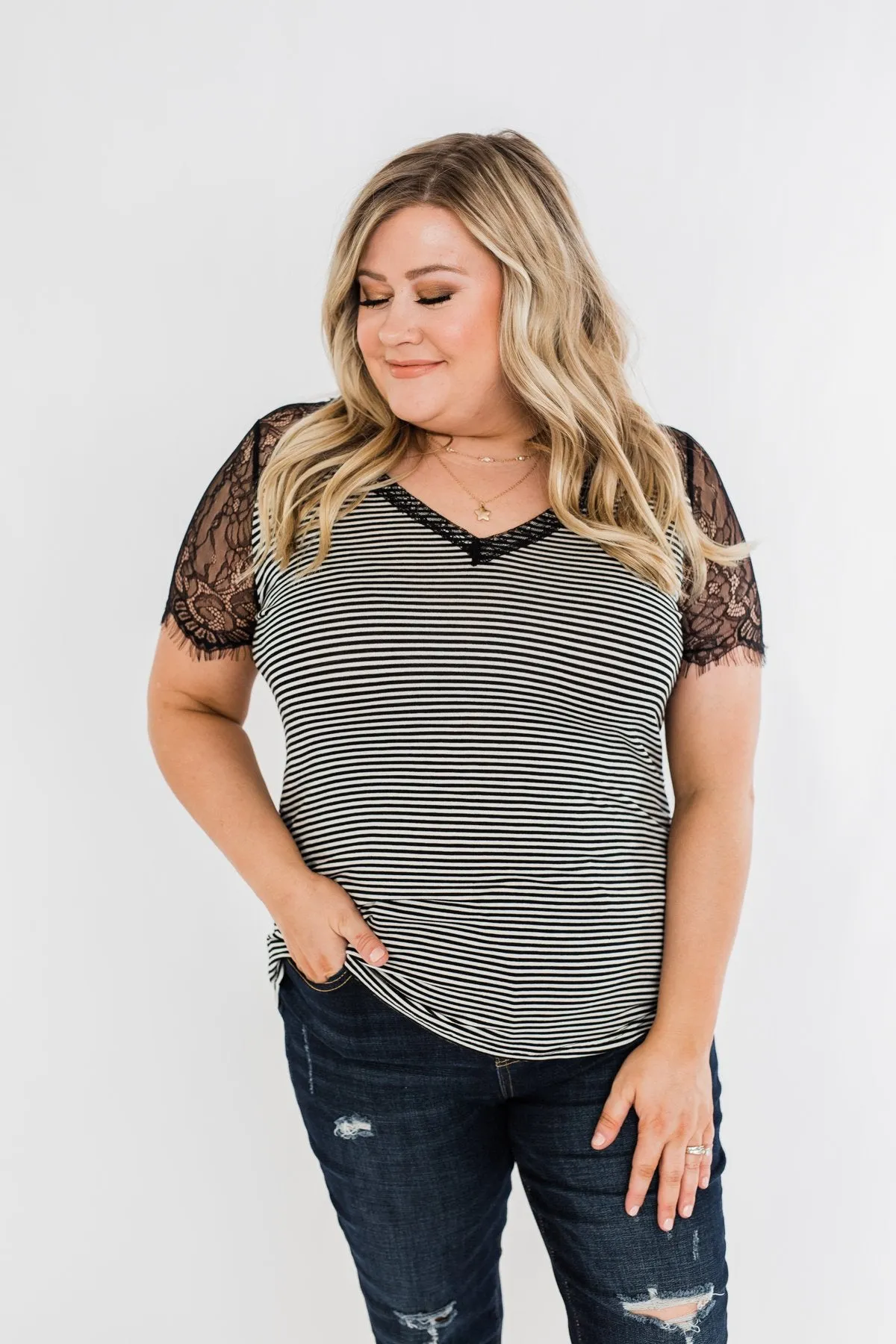 No Reason To Wait Striped Lace Top- Black