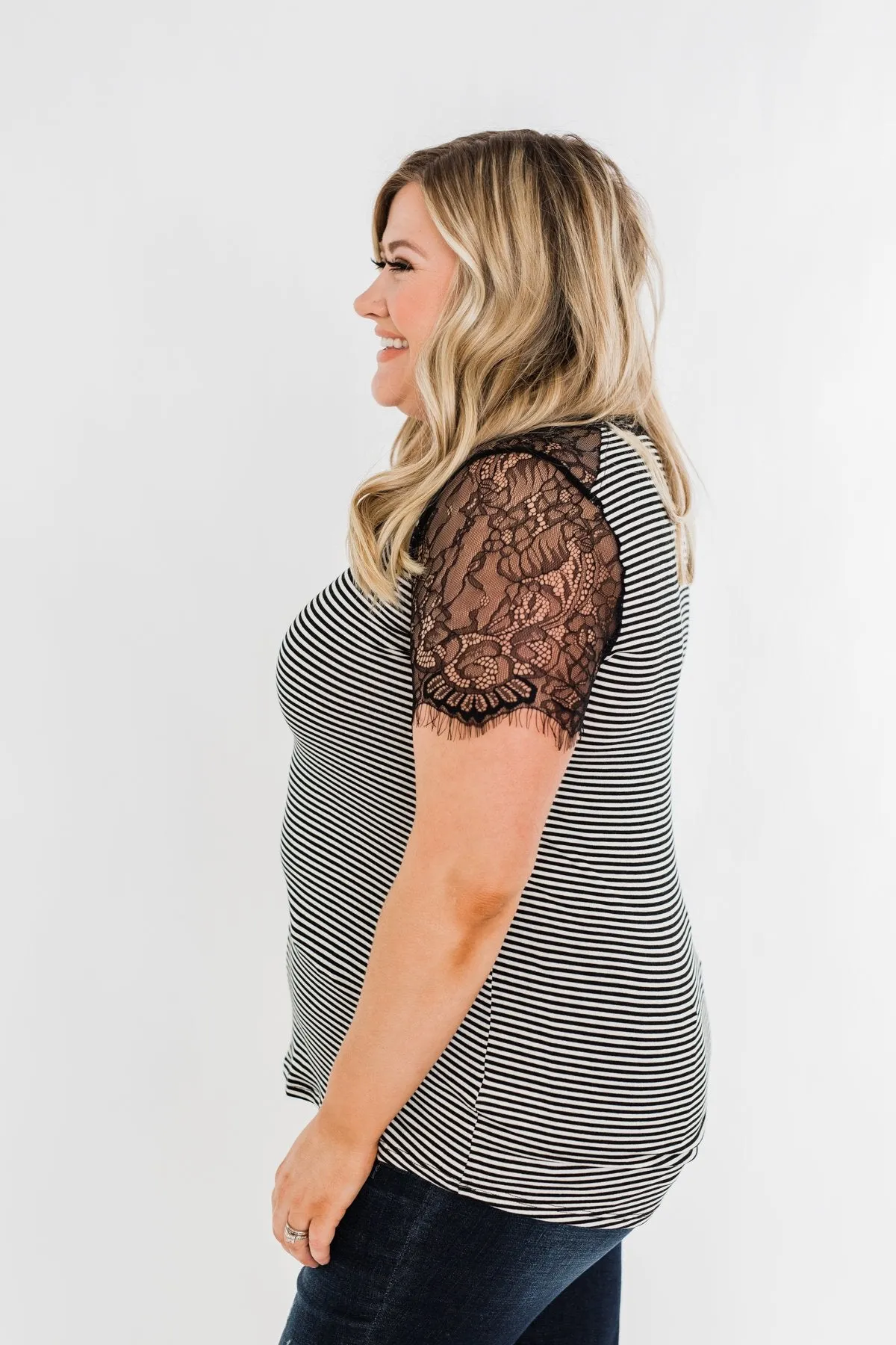 No Reason To Wait Striped Lace Top- Black