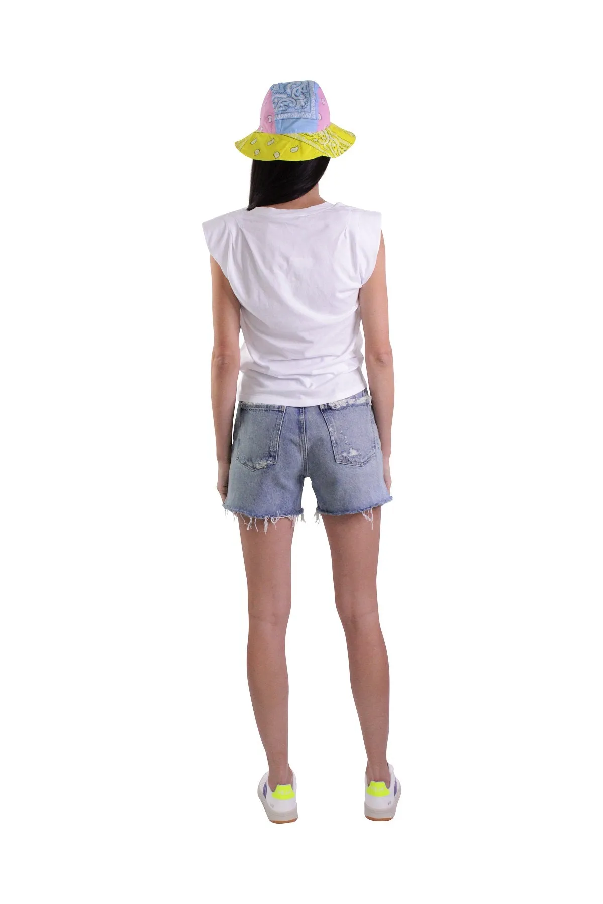 Padded Shoulder V-Neck Top in Blanc