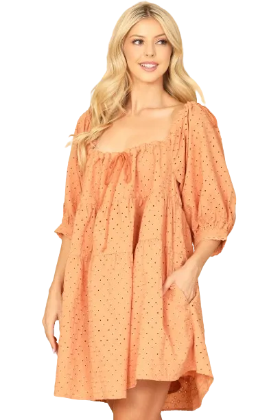 Peach Puff Sleeve Eyelet Babydoll Mini Dress - Pack of 5