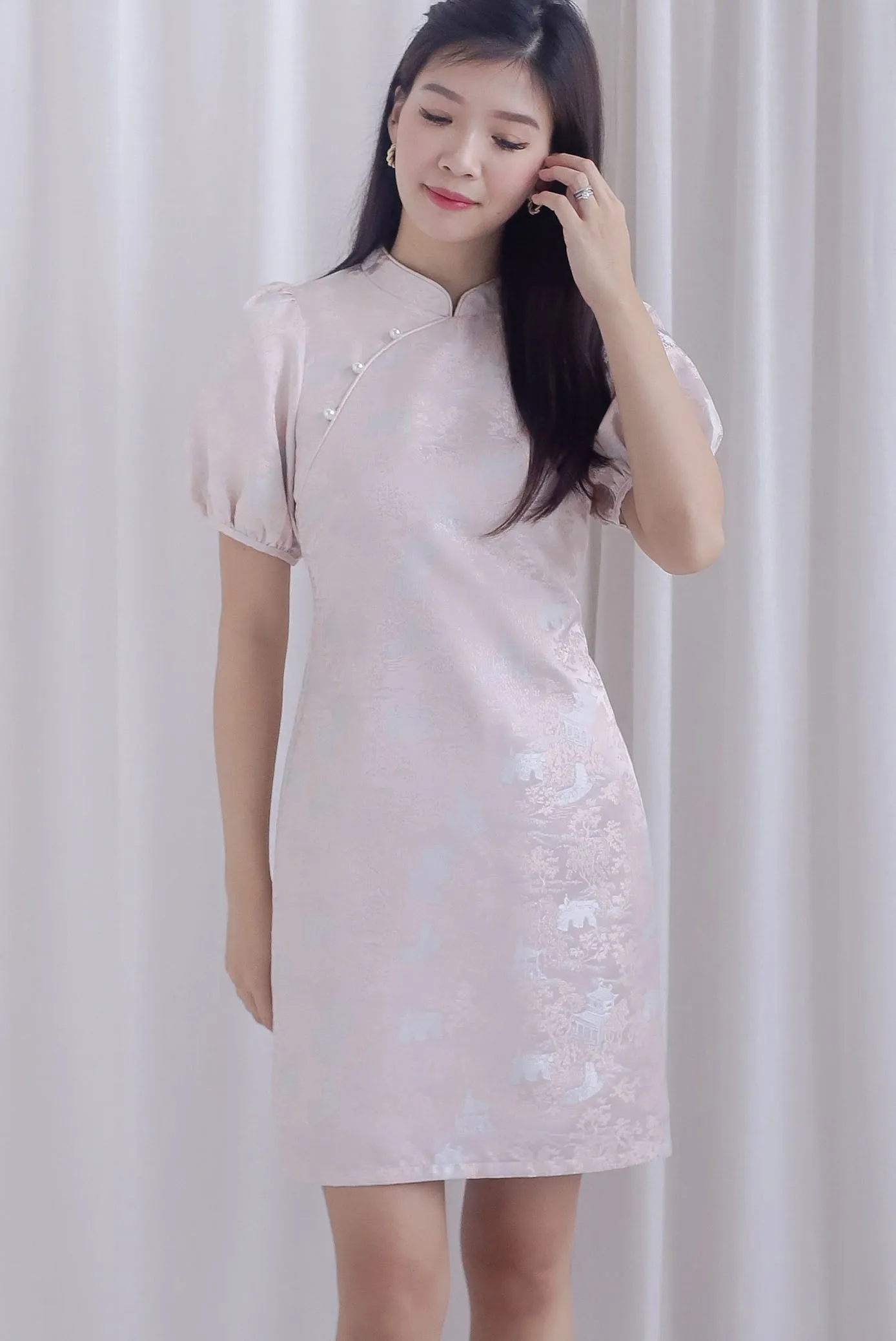 Phoenix Puffy Sleeve Brocade Cheong Sam Dress In Pink