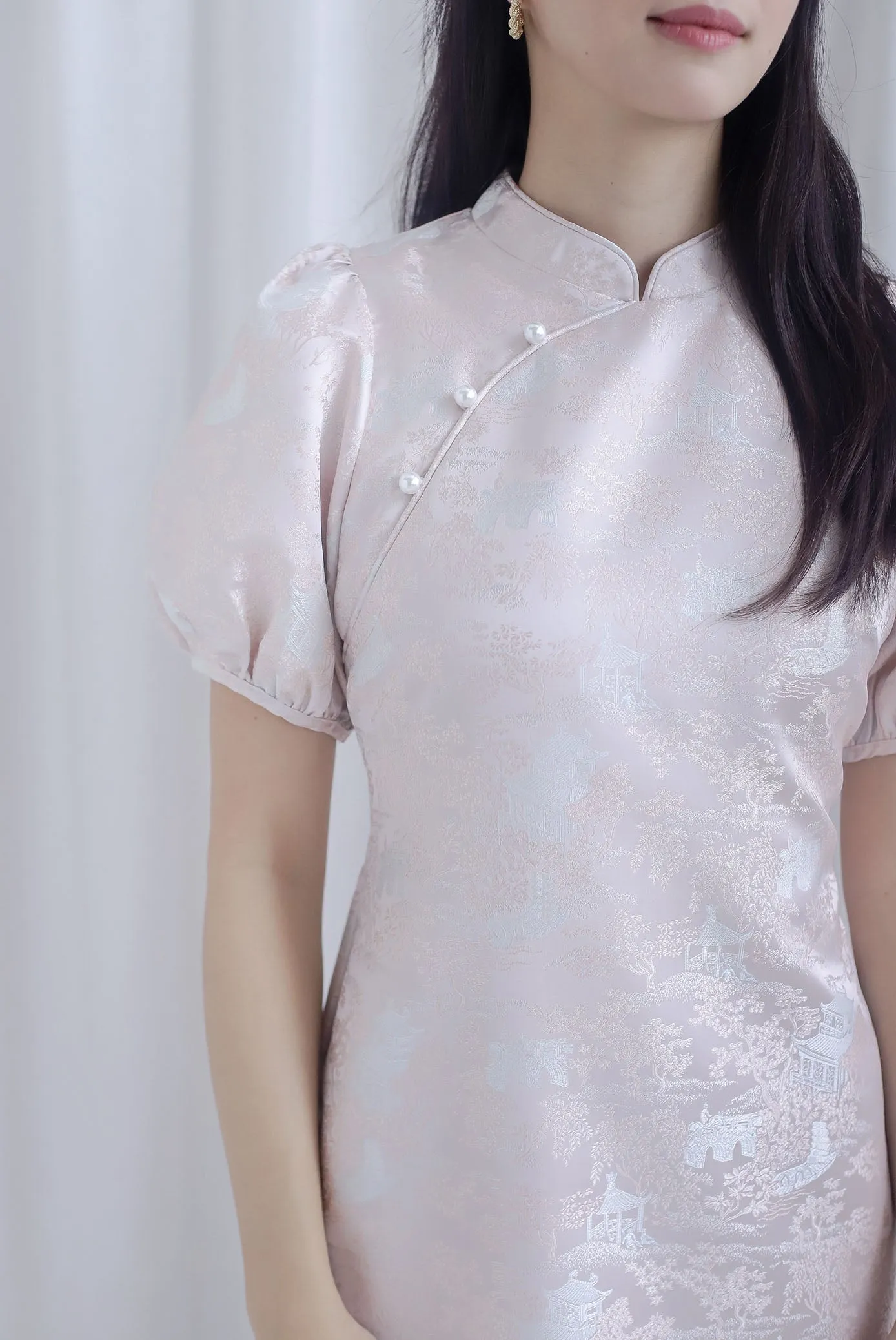 Phoenix Puffy Sleeve Brocade Cheong Sam Dress In Pink