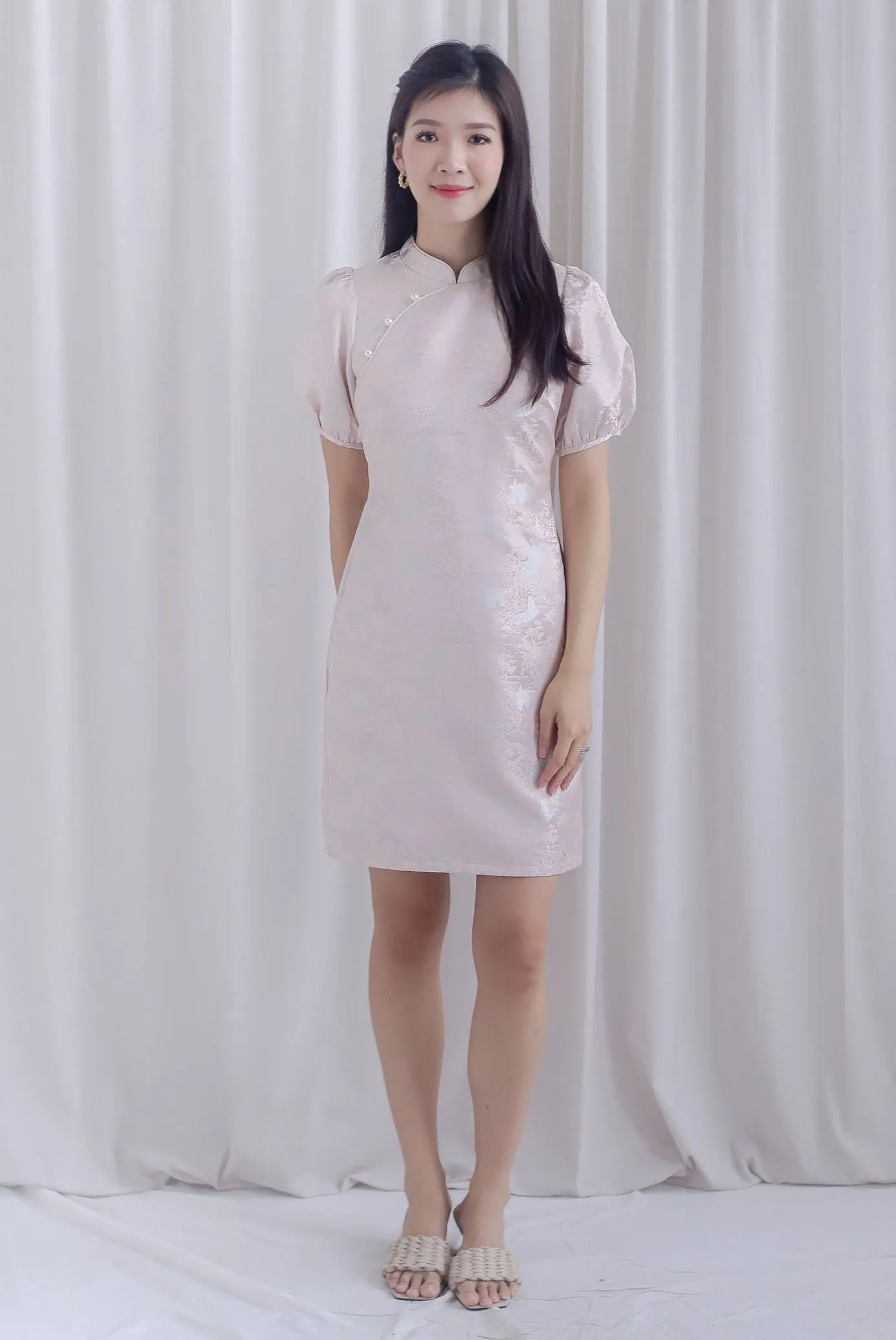 Phoenix Puffy Sleeve Brocade Cheong Sam Dress In Pink