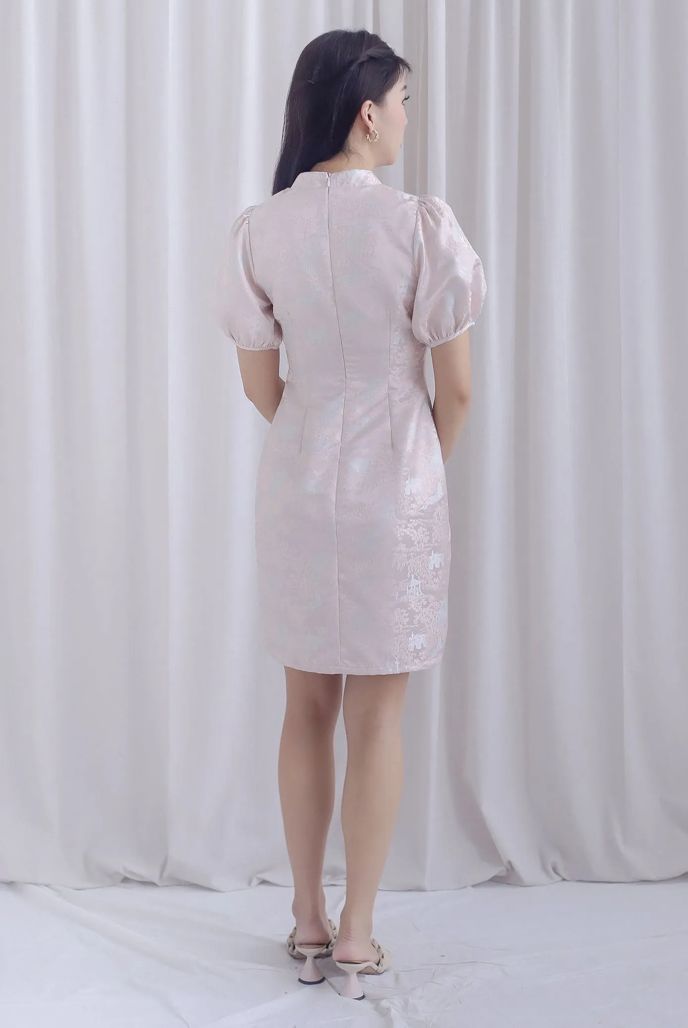 Phoenix Puffy Sleeve Brocade Cheong Sam Dress In Pink