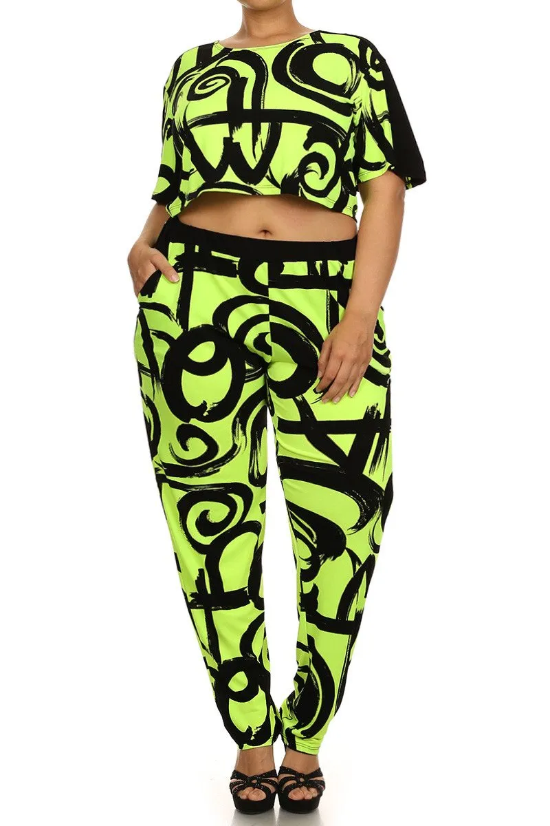 Plus Size Loud 2 Piece Cropped Top & Joggers Pants